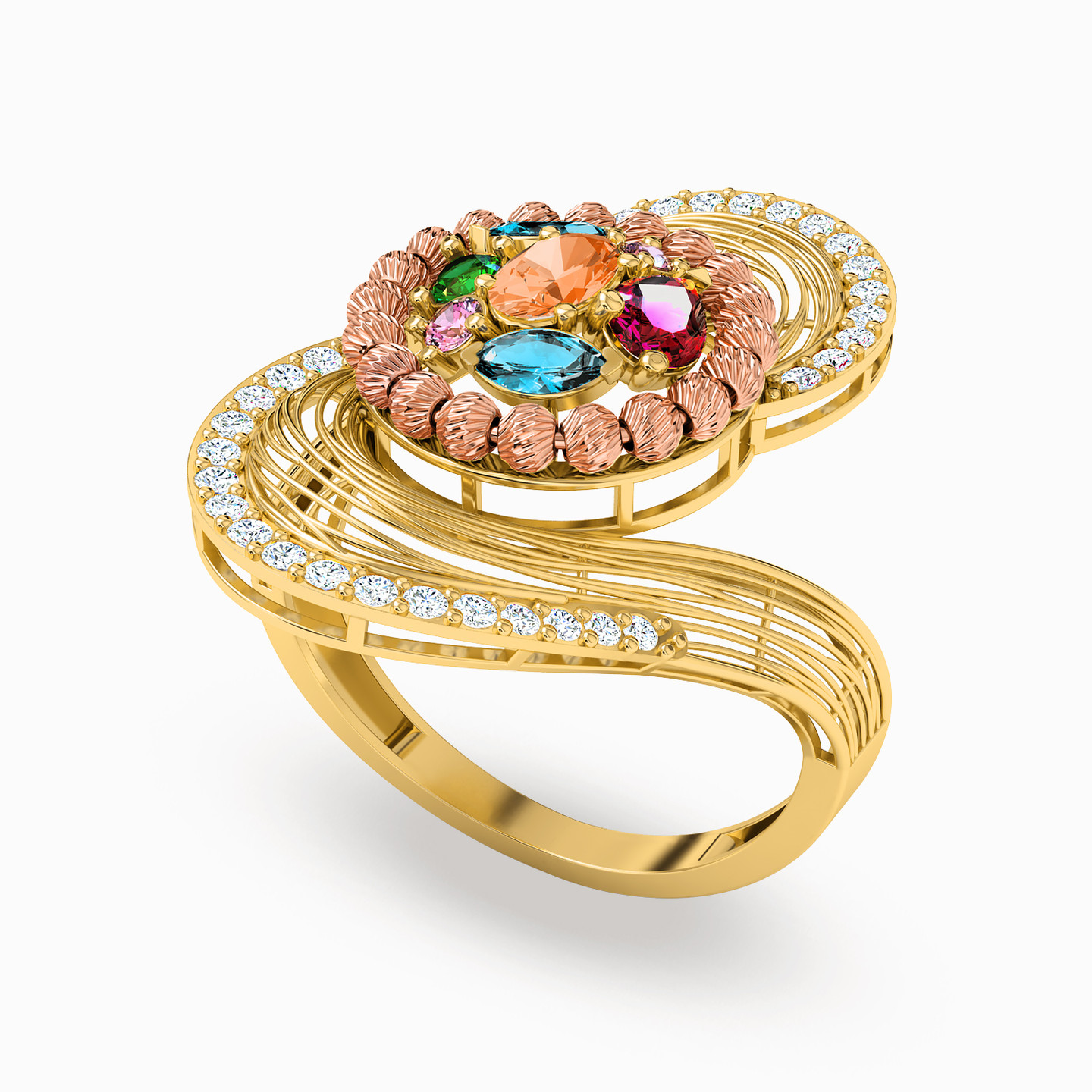 21K Gold Colored Stones Statement Ring - 2