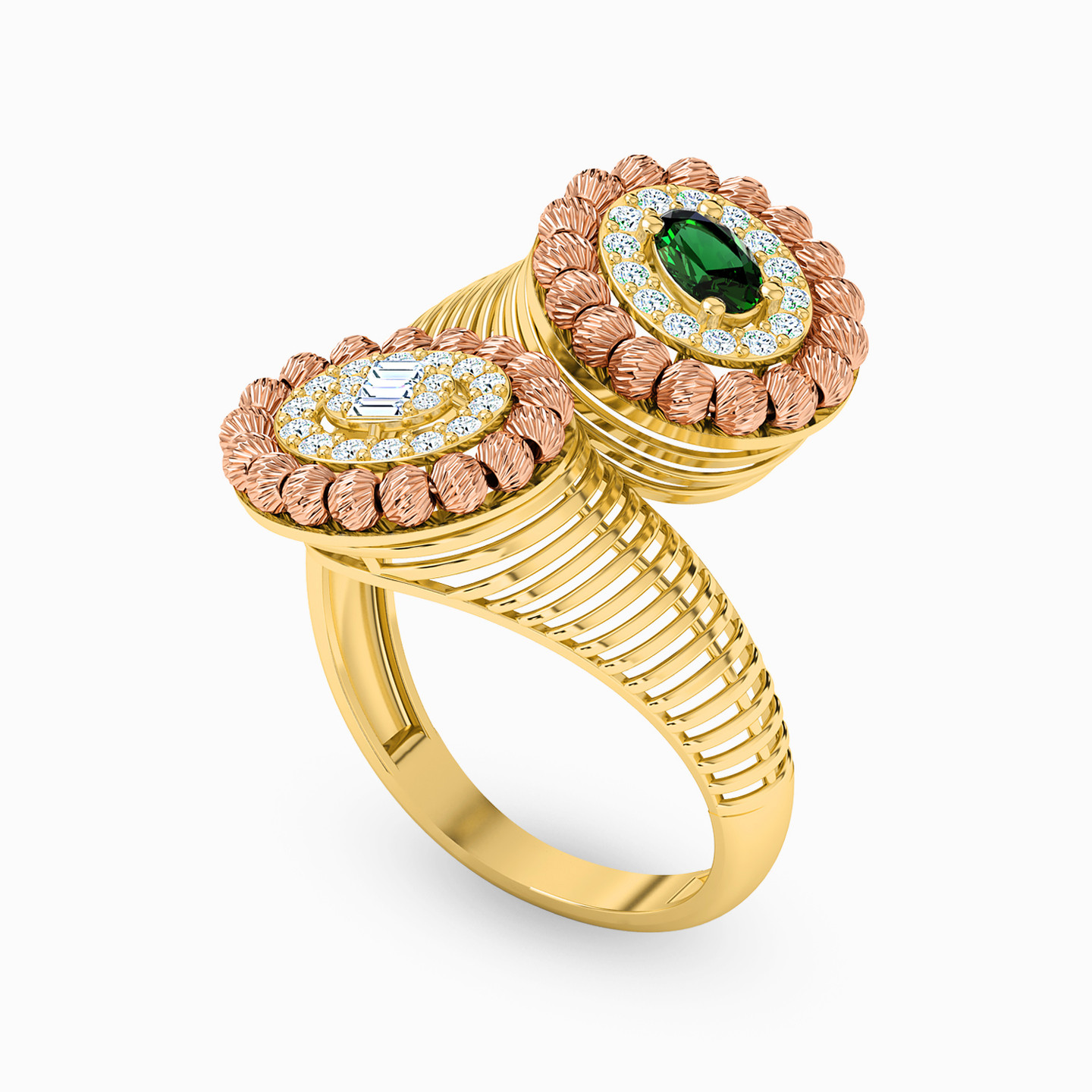 Oval Green Stones Two headed Ring in 21K Gold - 2 Oval Green Stones Two headed Ring in 21K Gold - 2