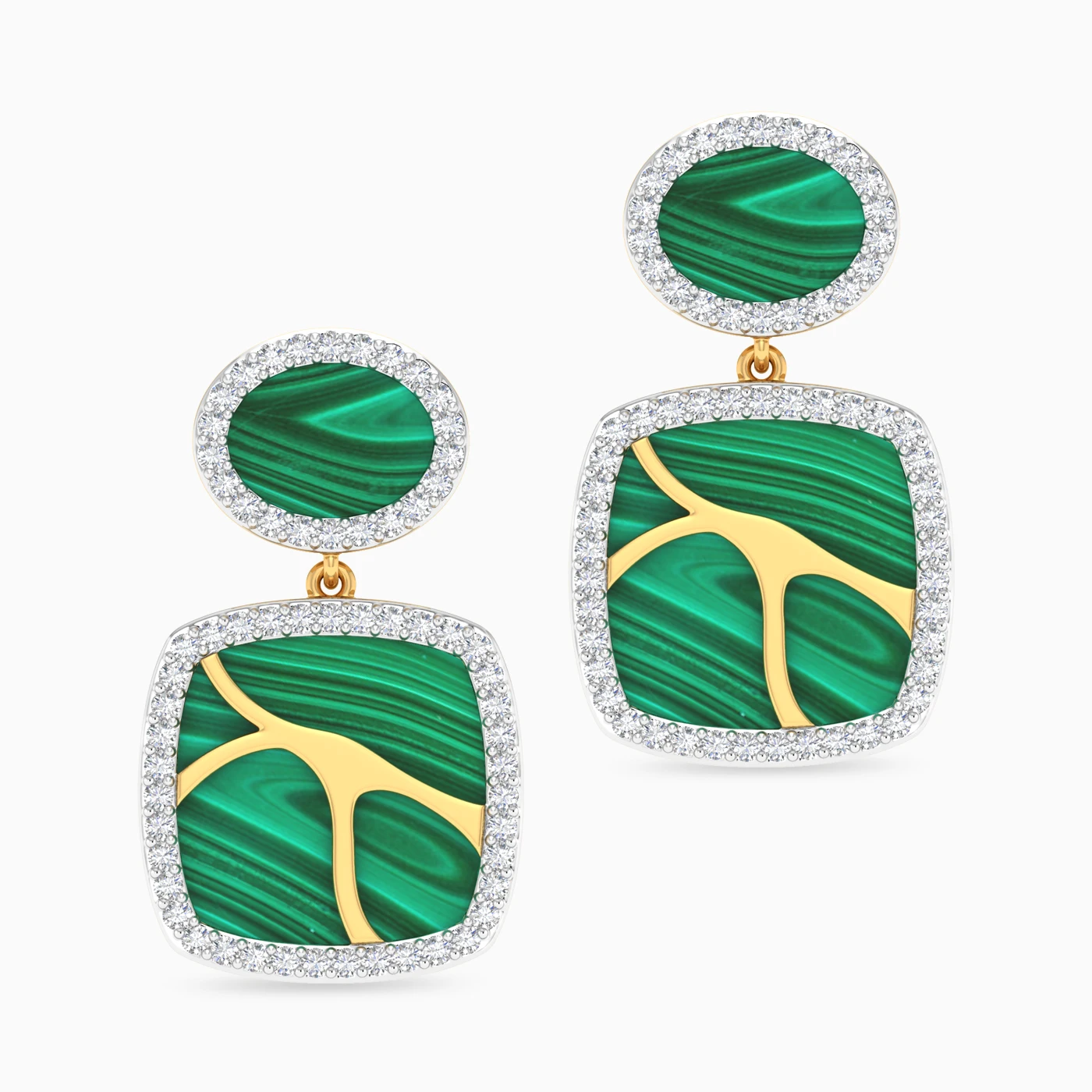 Square Diamond & Green Stones Drop Earrings in 18K Gold - 4 Square Diamond & Green Stones Drop Earrings in 18K Gold - 4