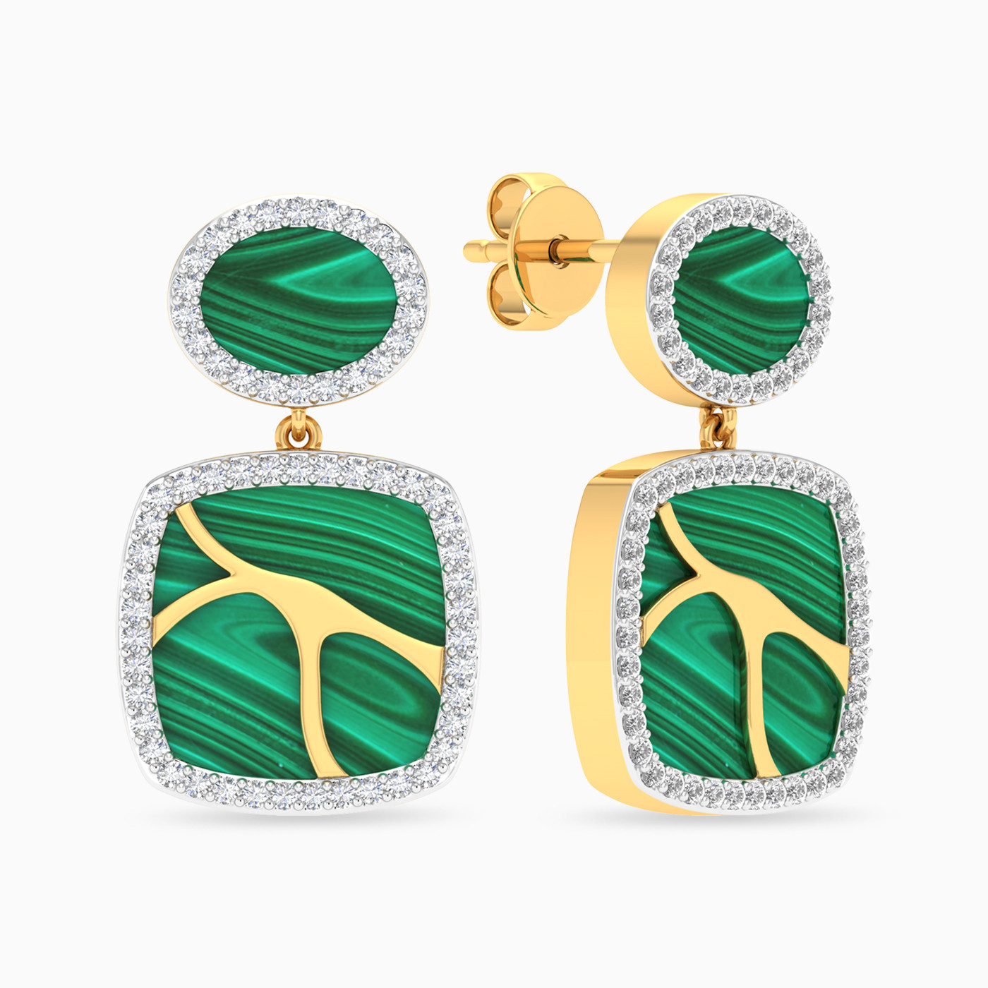 Square Diamond & Green Stones Drop Earrings in 18K Gold - 2 Square Diamond & Green Stones Drop Earrings in 18K Gold - 2