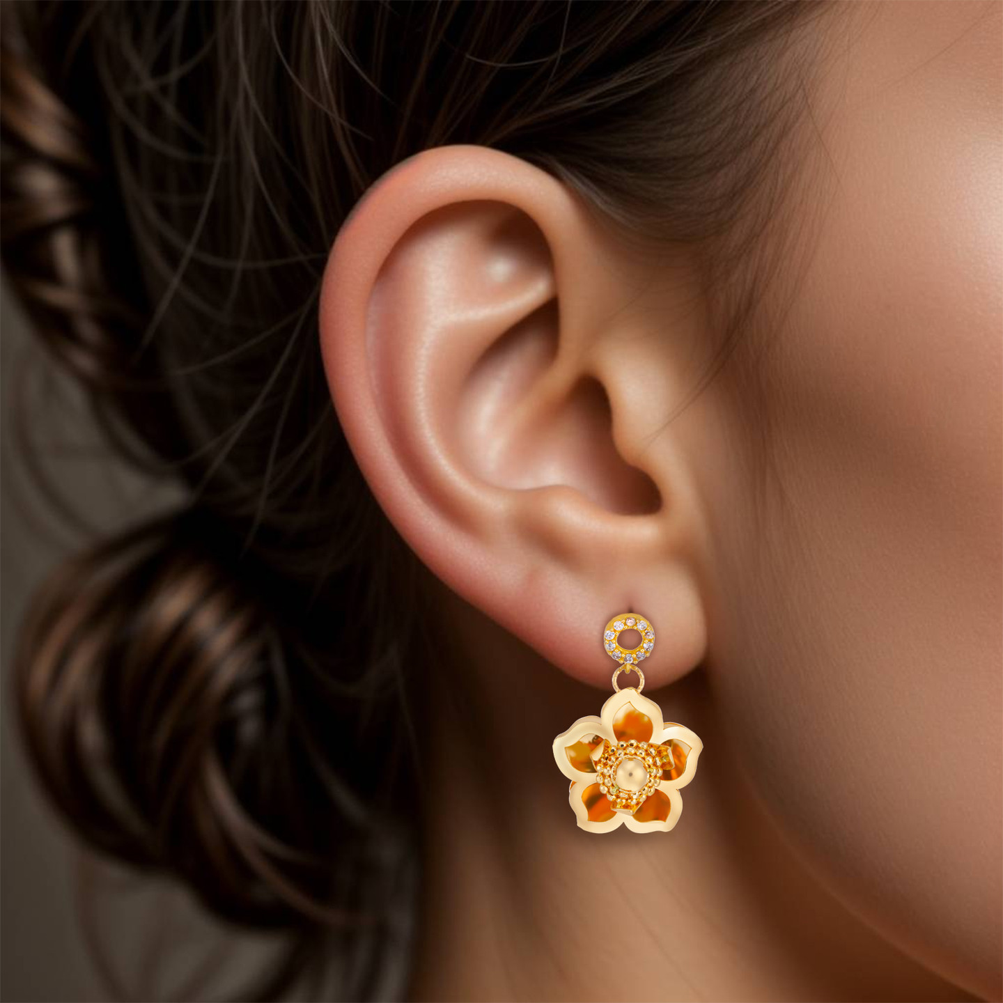 Flower Drop Earrings in 21K Gold - 2 Flower Drop Earrings in 21K Gold - 2