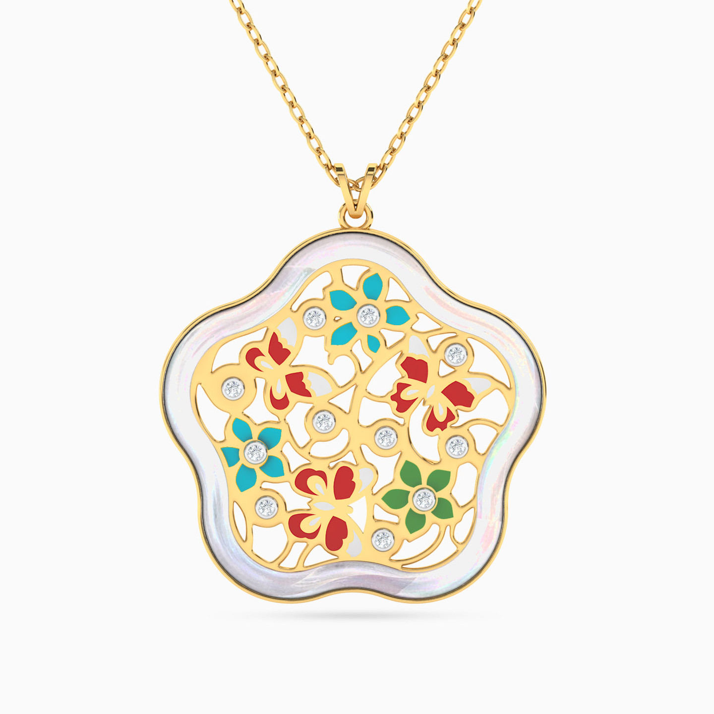 18K Gold Diamond & Enamel Coated Pendant Necklace