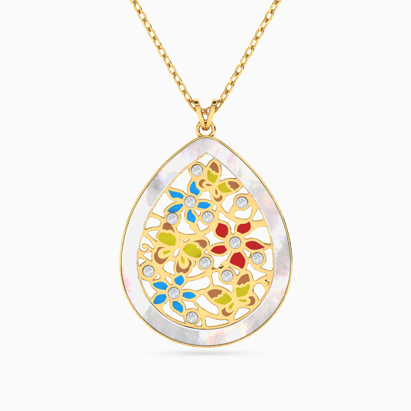 Pear Diamonds & Enamel Coated Necklace In 18K Gold