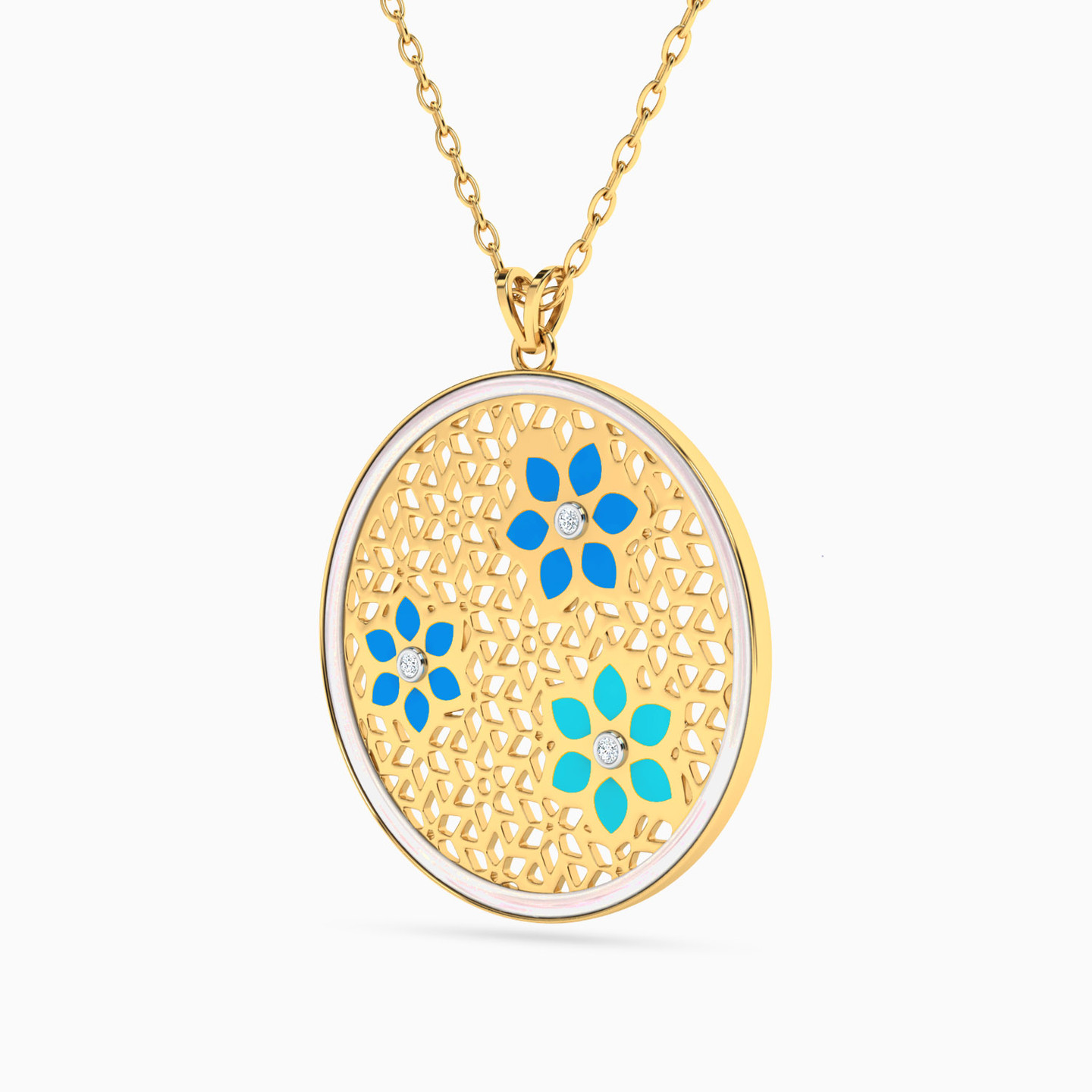 Circle Diamonds & Enamel Coated Necklace In 18K Gold - 2 Circle Diamonds & Enamel Coated Necklace In 18K Gold - 2