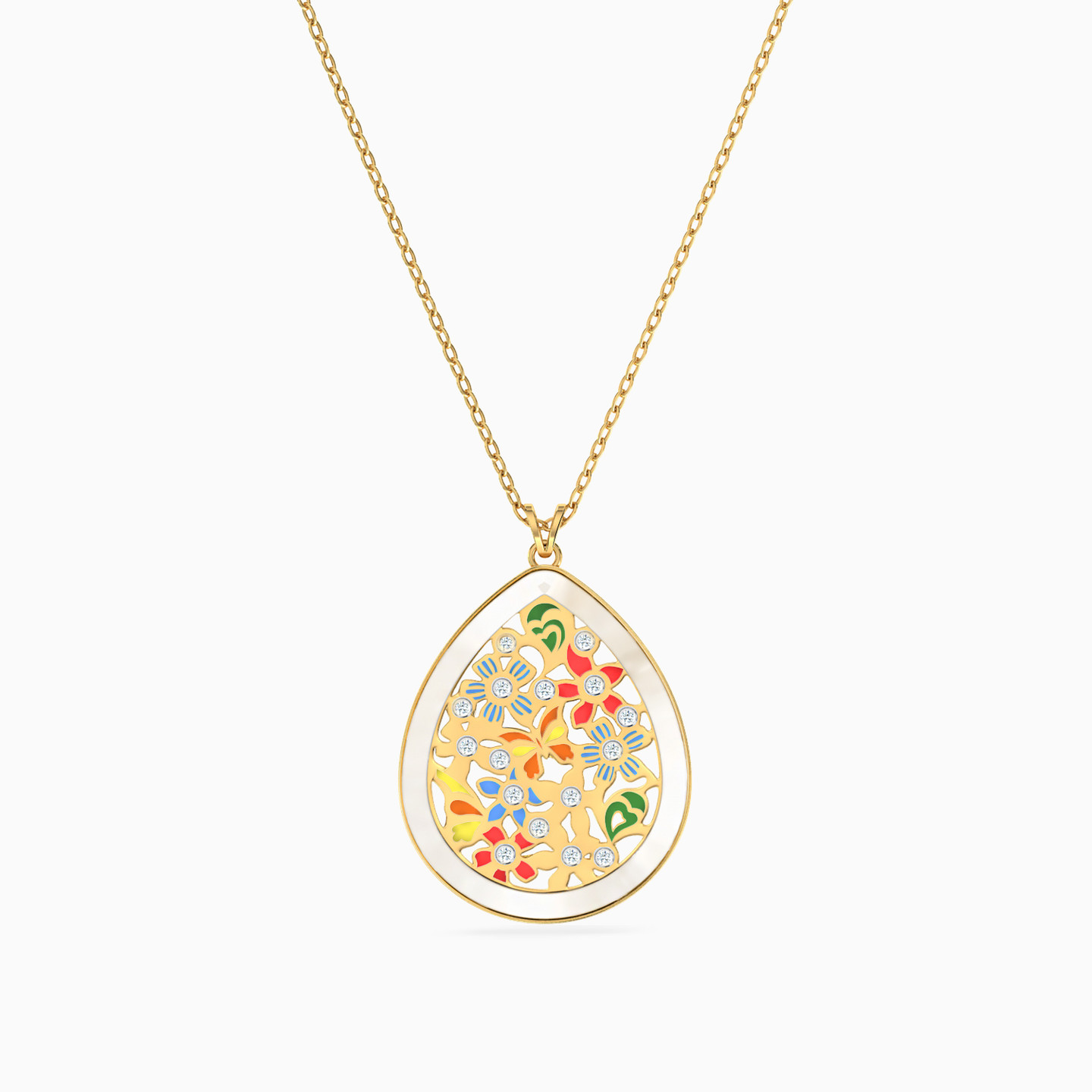 18K Gold Diamond & Enamel Coated Pendant Necklace