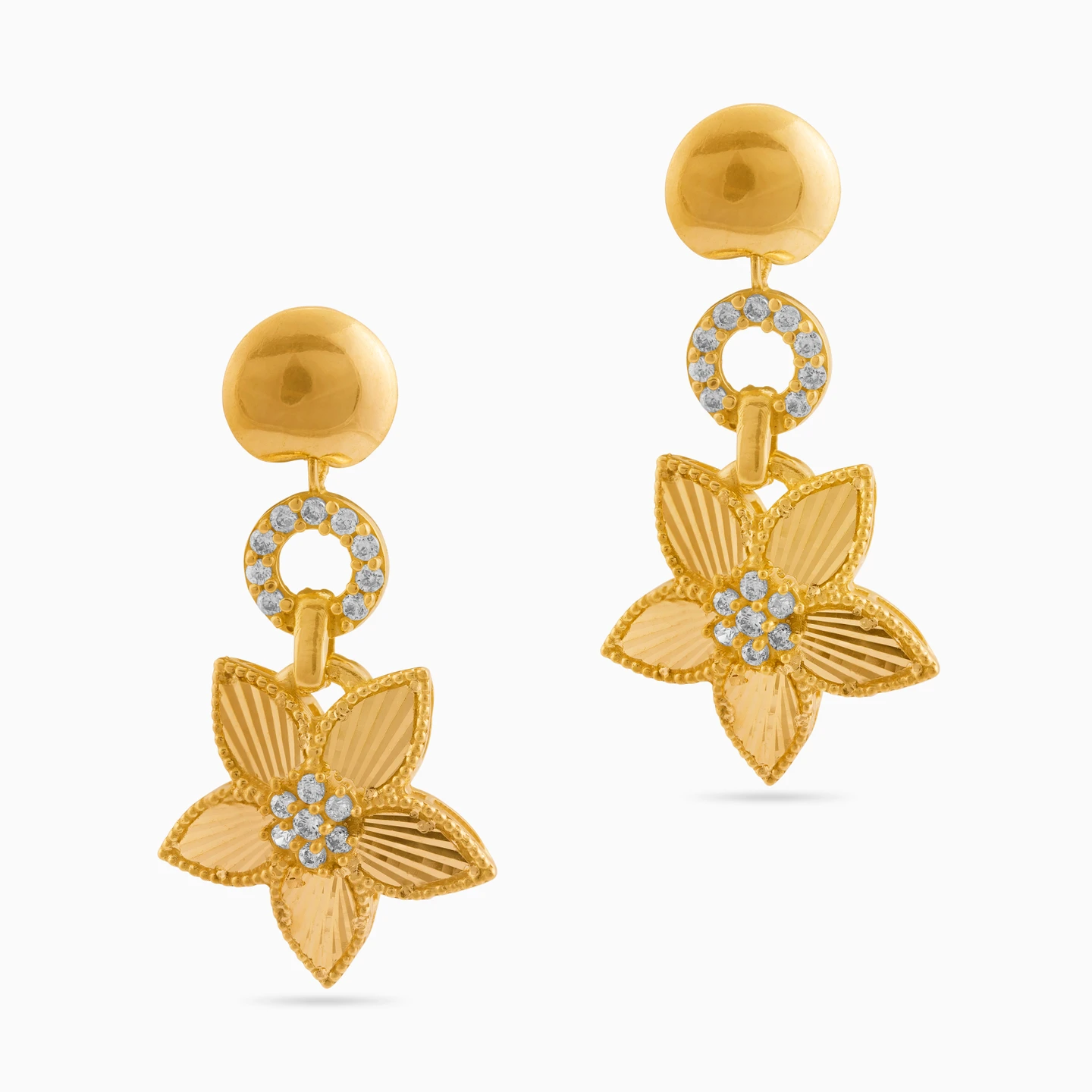 Flower Cubic Zirconia Drop Earrings in 21K Gold - 3 Flower Cubic Zirconia Drop Earrings in 21K Gold - 3