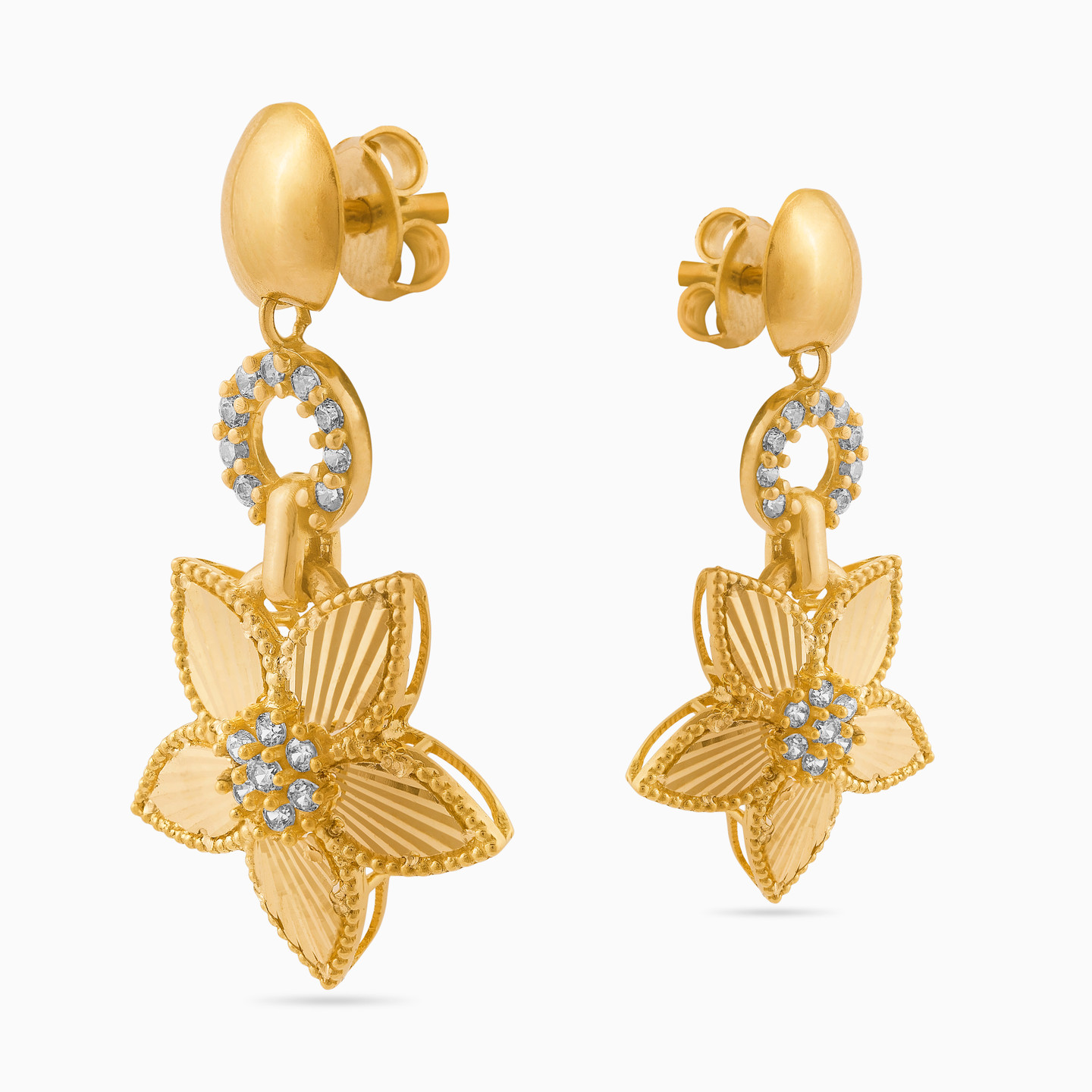 Flower Cubic Zirconia Drop Earrings in 21K Gold - 4 Flower Cubic Zirconia Drop Earrings in 21K Gold - 4