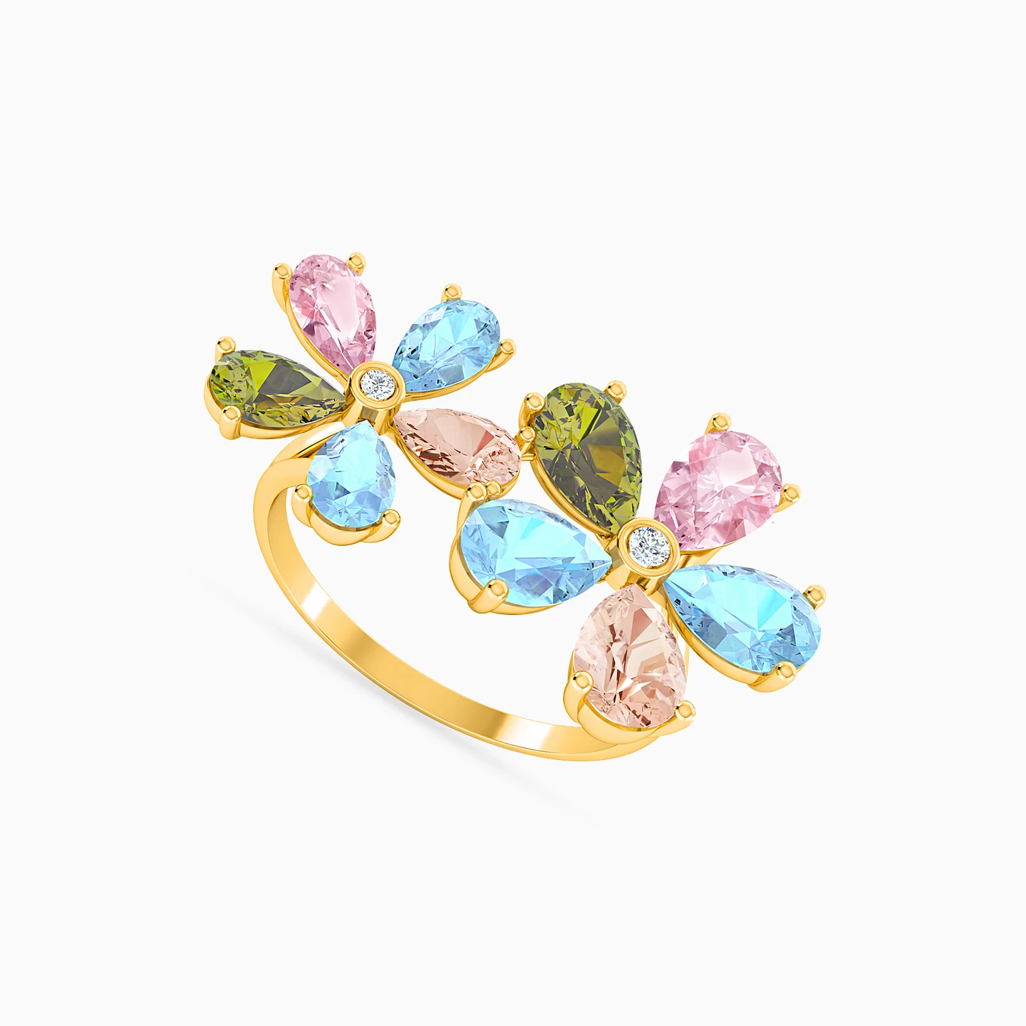 Flower Diamonds & Colored Stones Statement Ring in 18K Gold - 2 Flower Diamonds & Colored Stones Statement Ring in 18K Gold - 2