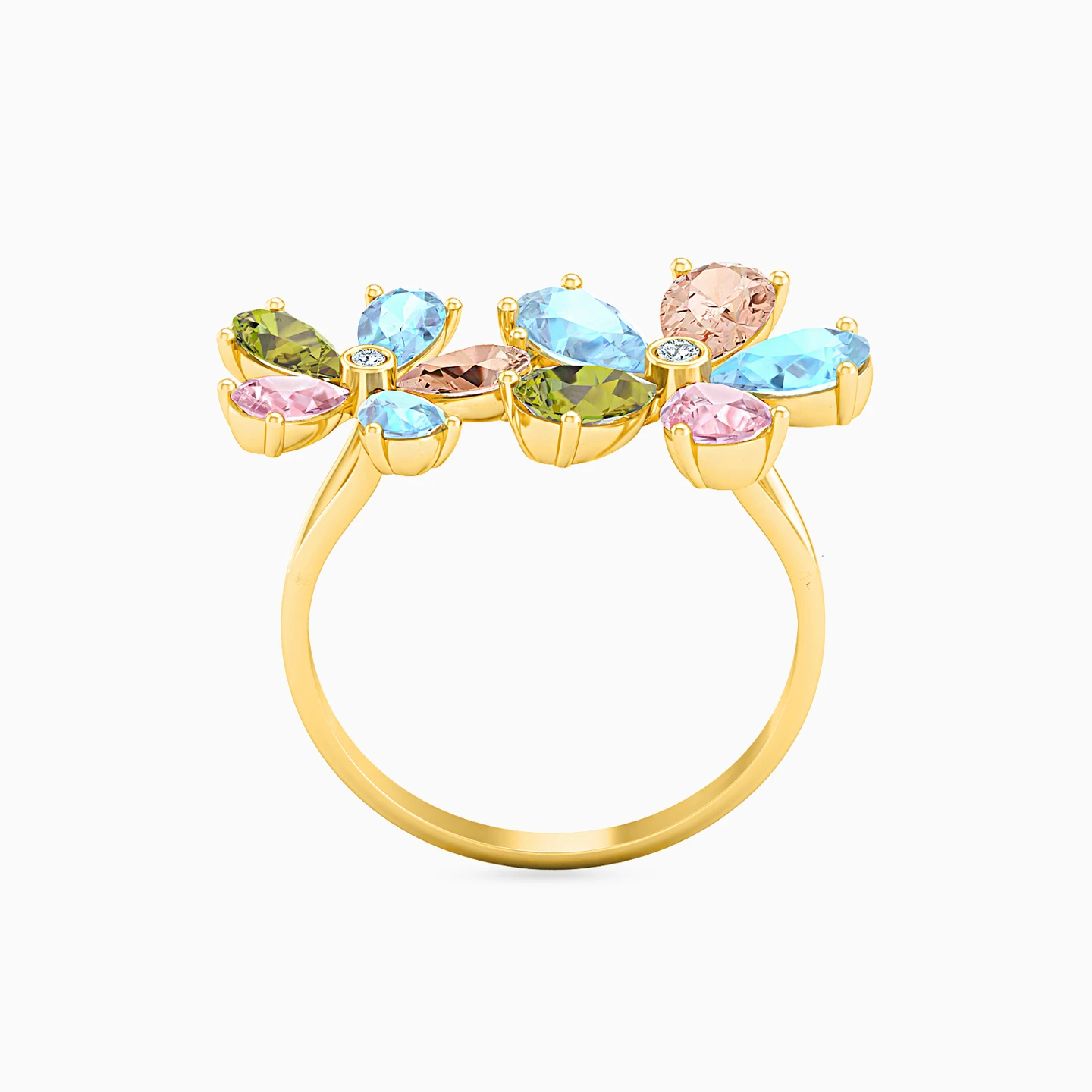Flower Diamonds & Colored Stones Statement Ring in 18K Gold - 3 Flower Diamonds & Colored Stones Statement Ring in 18K Gold - 3