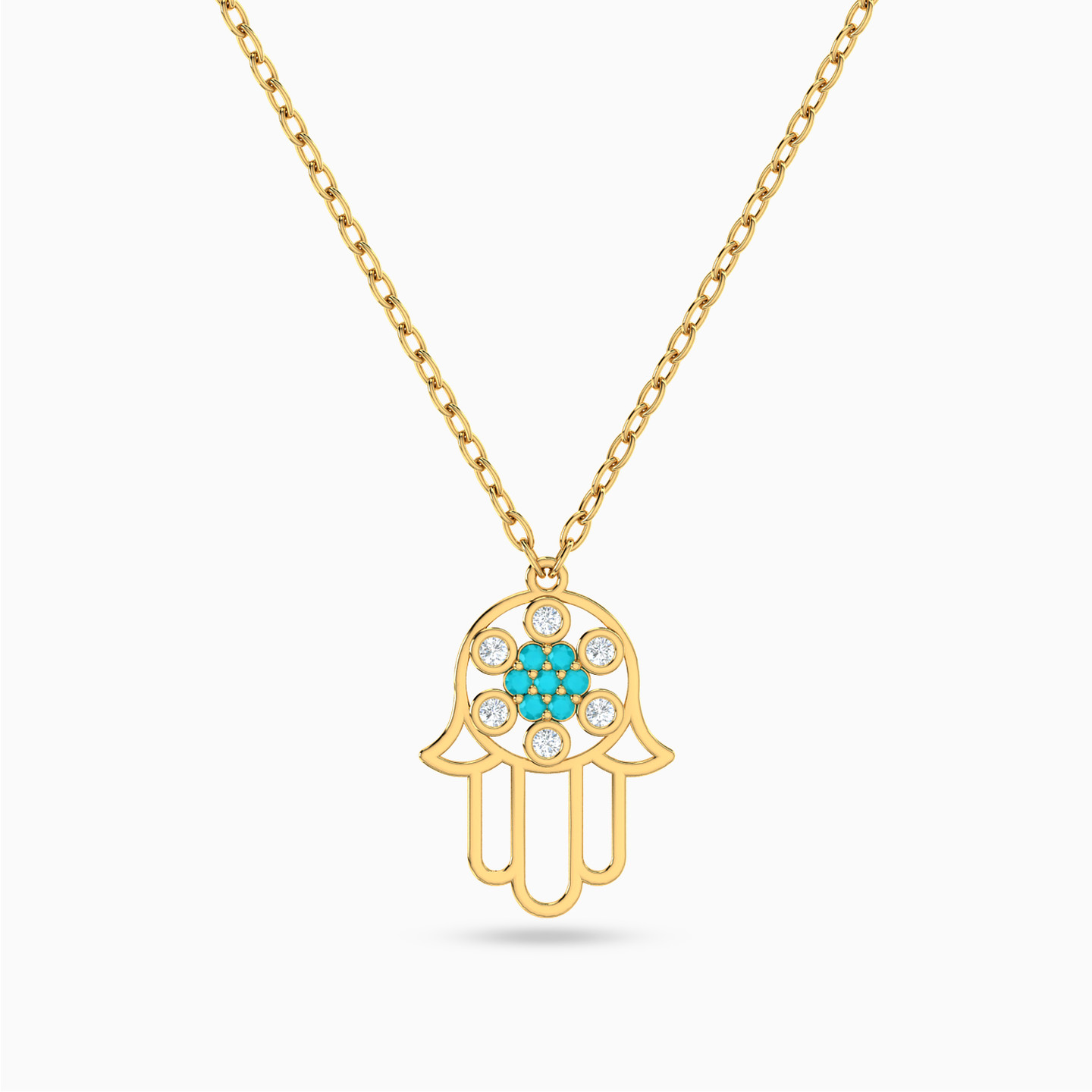 Hamsa Shaped Colored Stones Pendant with 18K Gold Chain