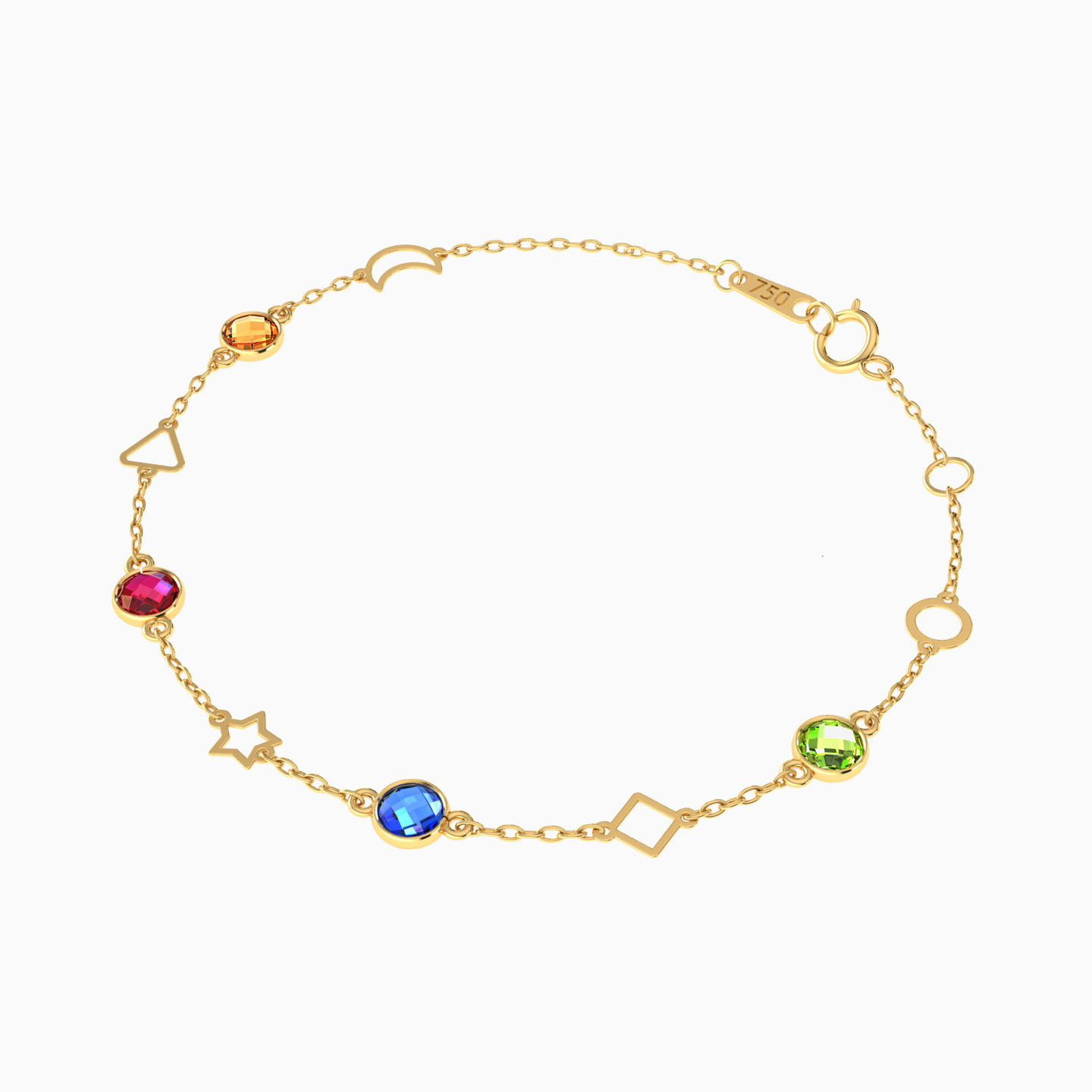 Round Colored Stones Chain Bracelet in 18K Gold - 2 Round Colored Stones Chain Bracelet in 18K Gold - 2