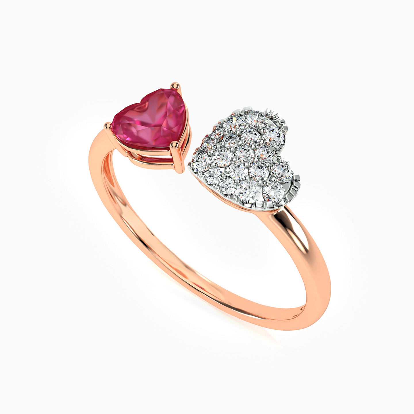 Heart Diamond & Rose Stone Two headed Ring in 18K Gold - 3