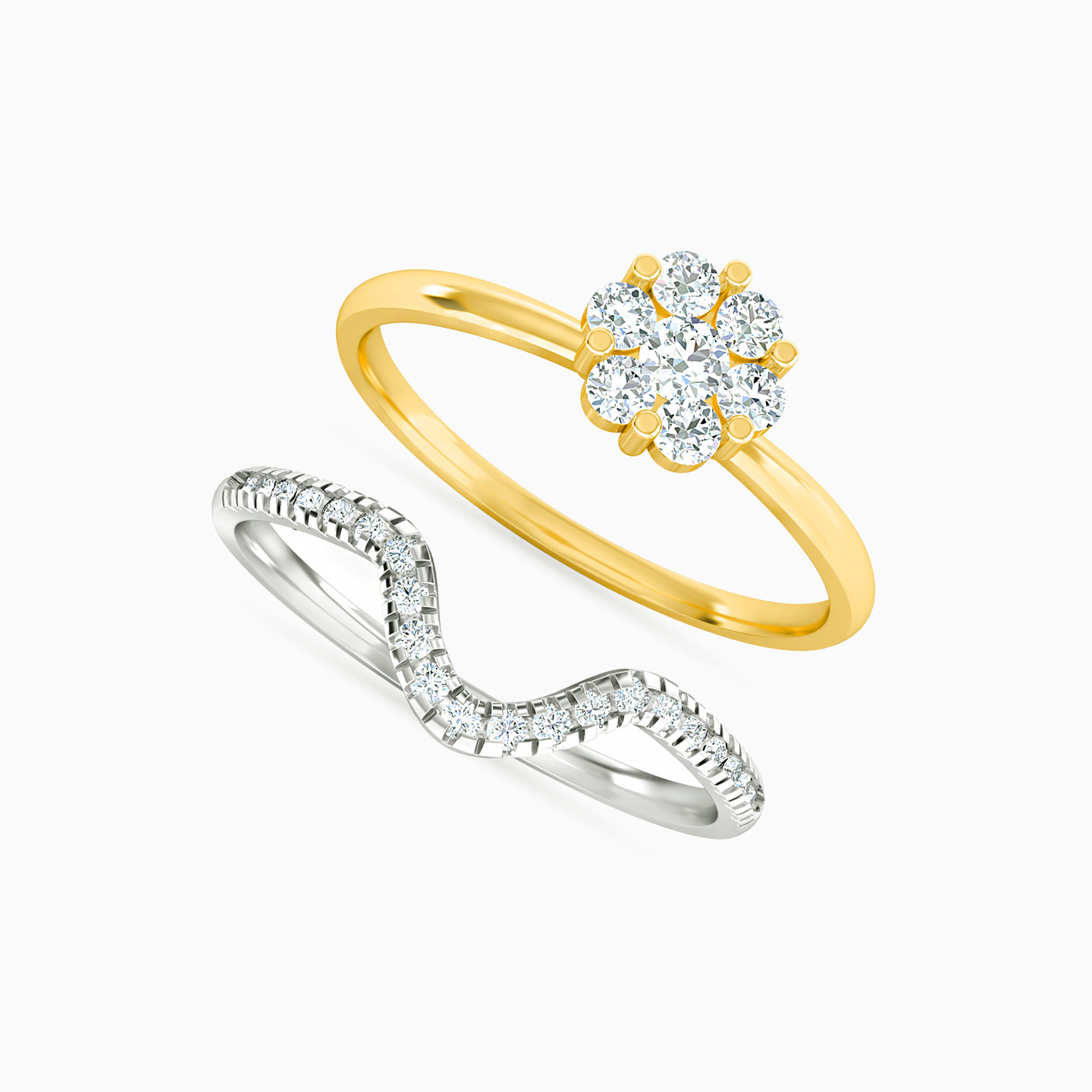 Flower Diamonds Twin Rings in 18K Gold - 2 Flower Diamonds Twin Rings in 18K Gold - 2