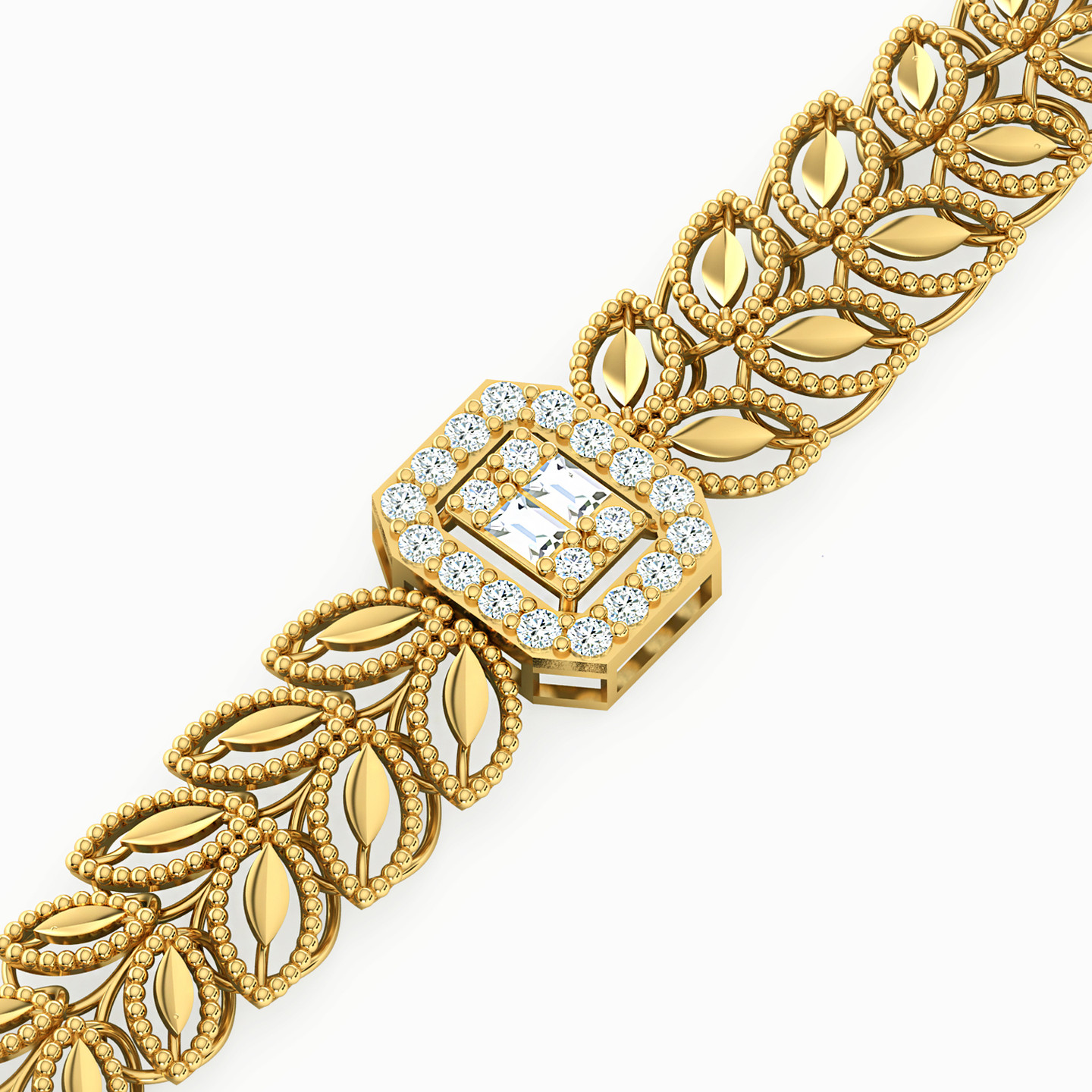 Leaf Cubic Zirconia Chain Bracelet in 21K Gold - 3 Leaf Cubic Zirconia Chain Bracelet in 21K Gold - 3