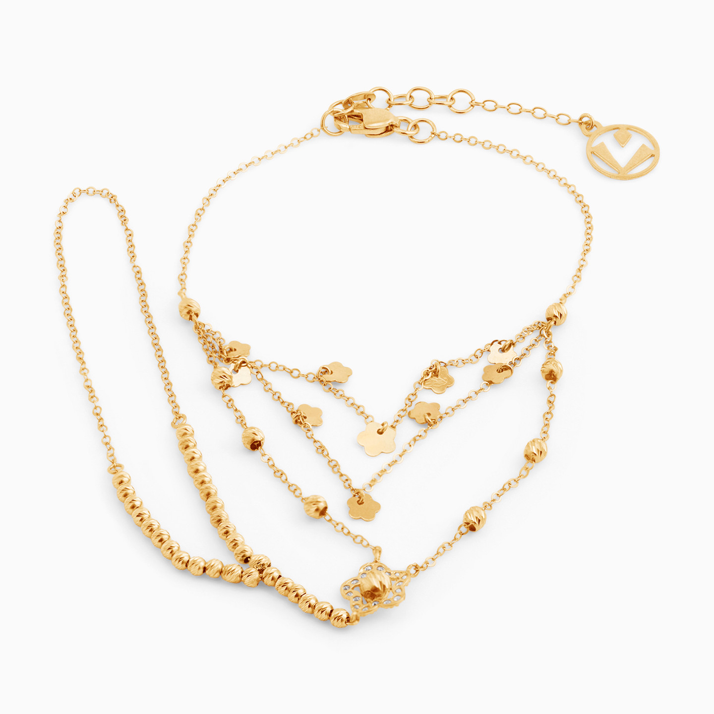 أسورة بسلسلة ذهب زهرة عيار 21 قيراط مزينة بأحجار الزركون أسورة بسلسلة ذهب زهرة عيار 21 قيراط مزينة بأحجار الزركون