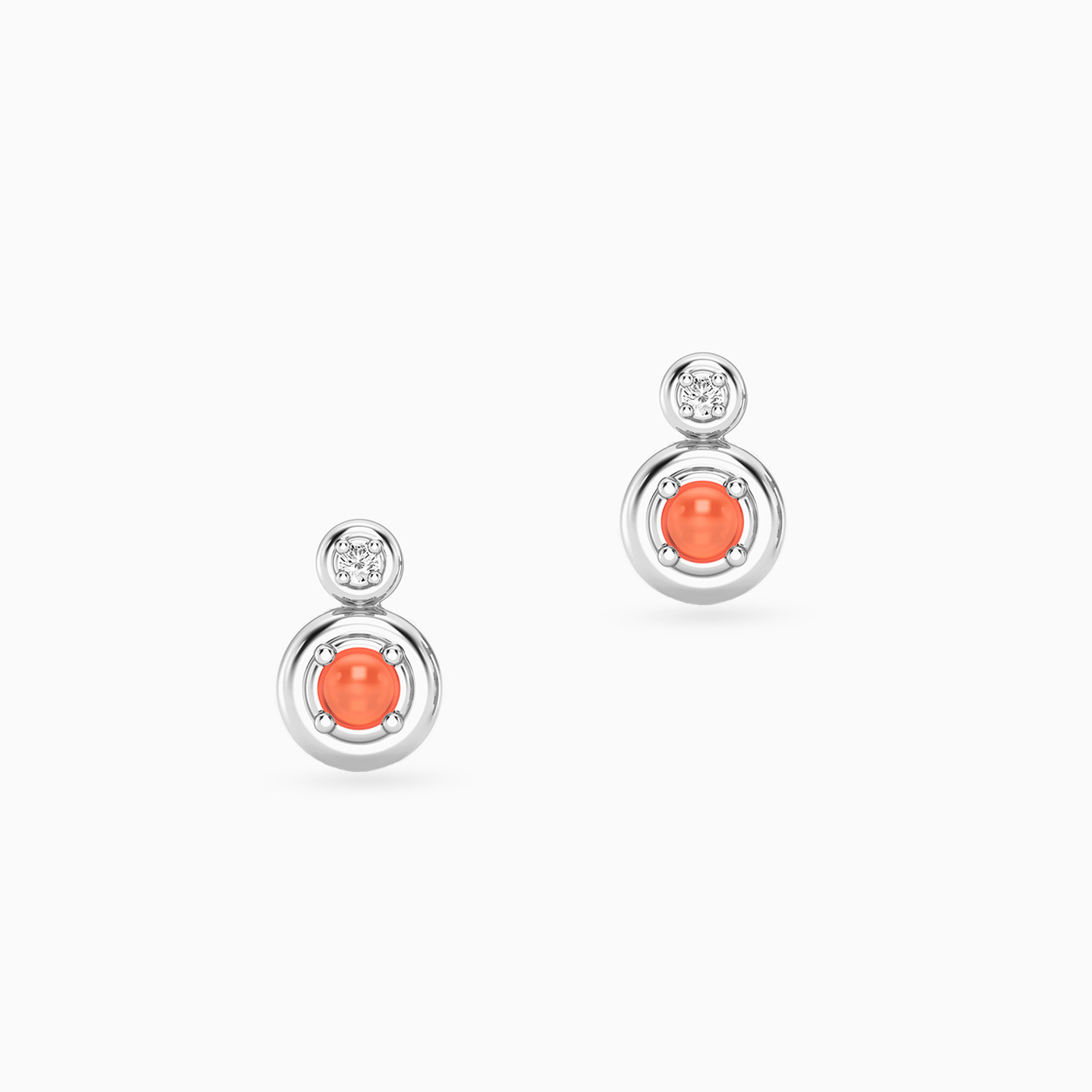 Circle Lab Grown Diamonds & Orange Stone Sterling Silver Stud Earrings - 2 Circle Lab Grown Diamonds & Orange Stone Sterling Silver Stud Earrings - 2