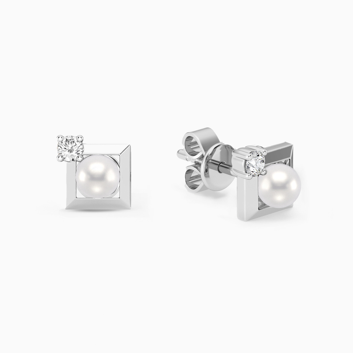 Square Lab Grown Diamonds & Pearl Sterling Silver Stud Earrings Square Lab Grown Diamonds & Pearl Sterling Silver Stud Earrings