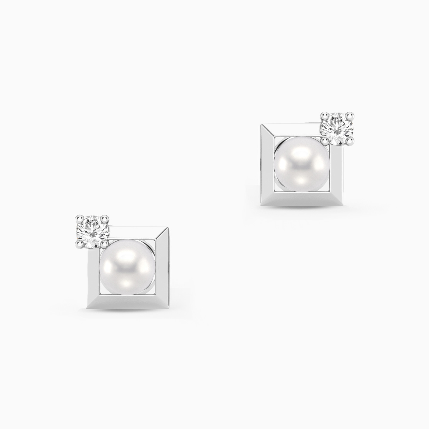 Square Lab Grown Diamonds & Pearl Sterling Silver Stud Earrings - 3 Square Lab Grown Diamonds & Pearl Sterling Silver Stud Earrings - 3