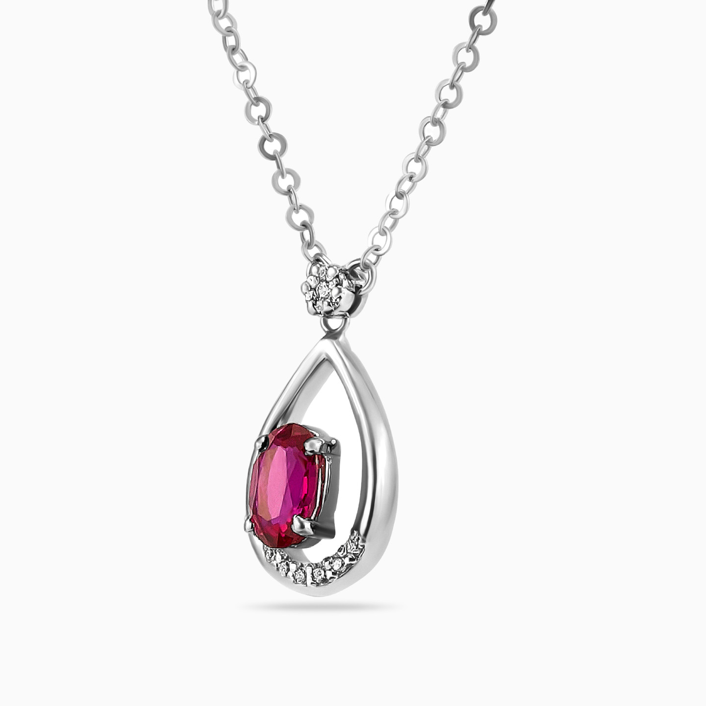 Pear Diamond & Red Stone Necklace in 18K Gold - 2 Pear Diamond & Red Stone Necklace in 18K Gold - 2