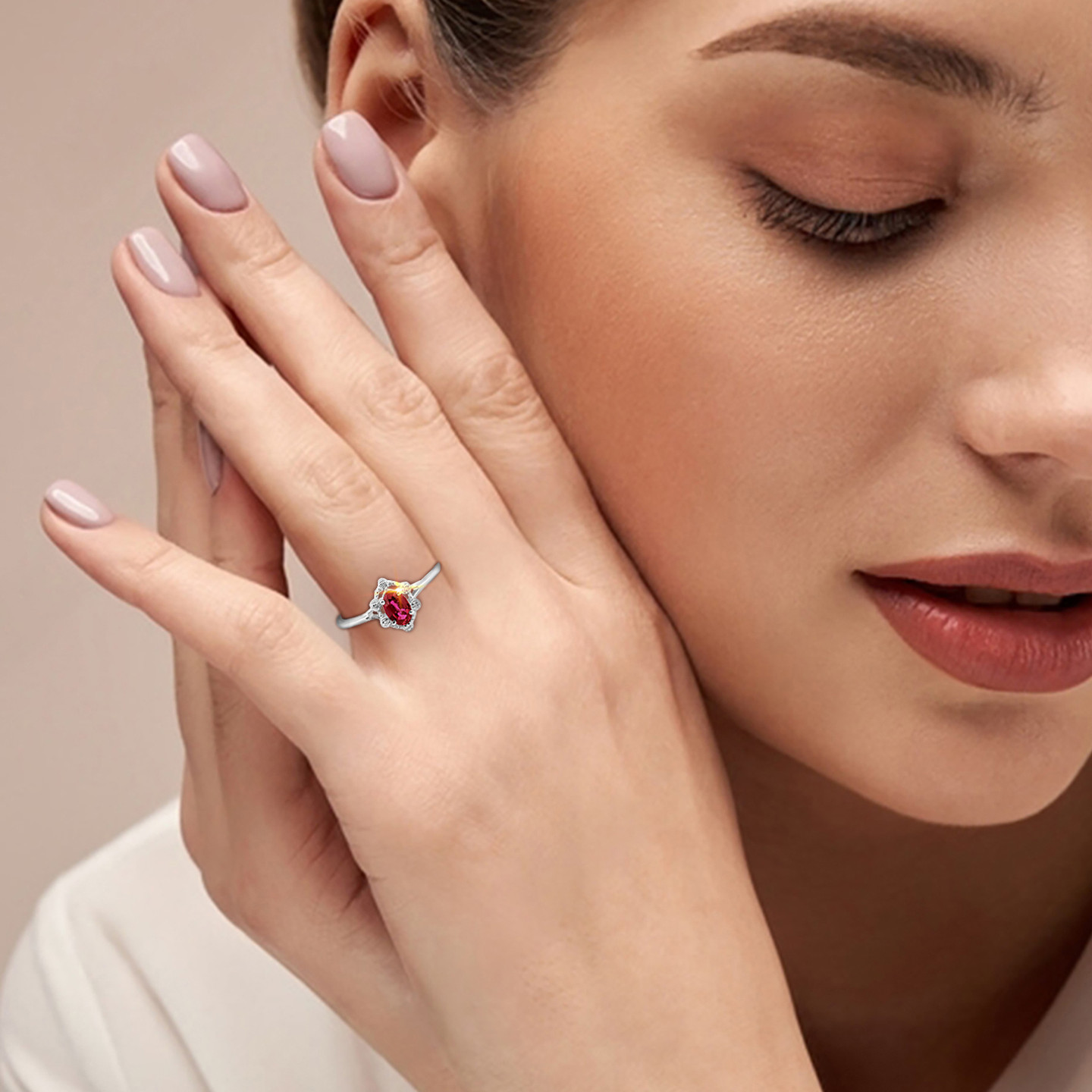 Oval Diamond & Red Stone Ring in 18K Gold - 3 Oval Diamond & Red Stone Ring in 18K Gold - 3