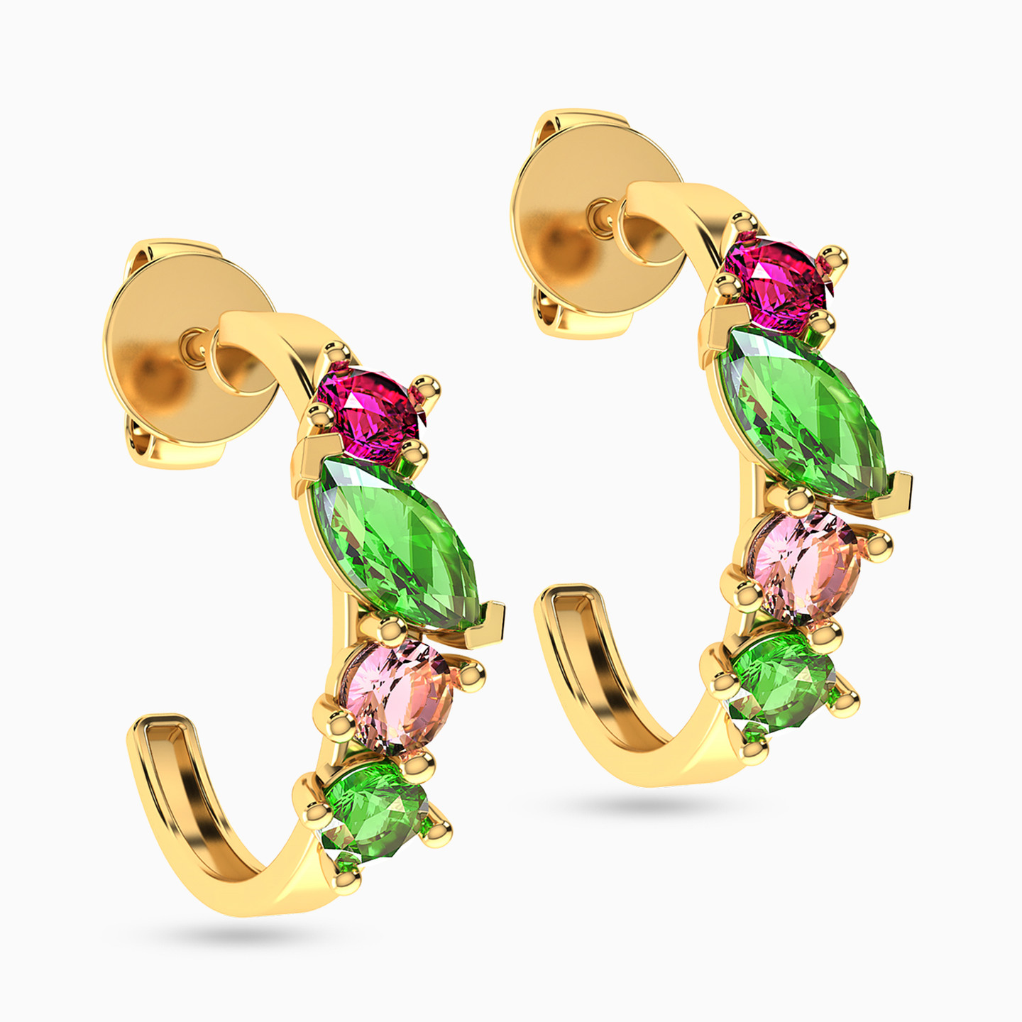 Multishaped Colored Stones Hoop Earrings in 18K Gold - 2 Multishaped Colored Stones Hoop Earrings in 18K Gold - 2