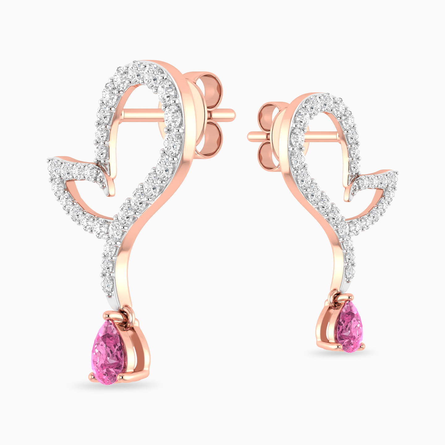 Heart Diamond & Rose Stone Stud Earrings in 18K Gold - 3 Heart Diamond & Rose Stone Stud Earrings in 18K Gold - 3