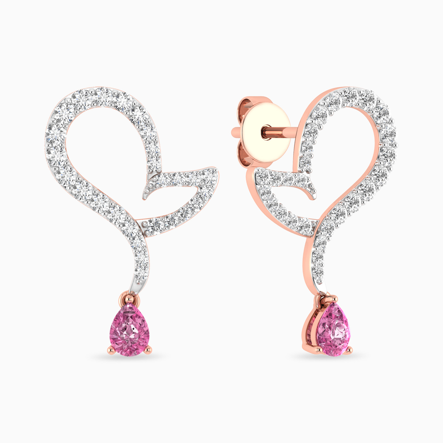 Heart Diamond & Rose Stone Stud Earrings in 18K Gold - 2 Heart Diamond & Rose Stone Stud Earrings in 18K Gold - 2