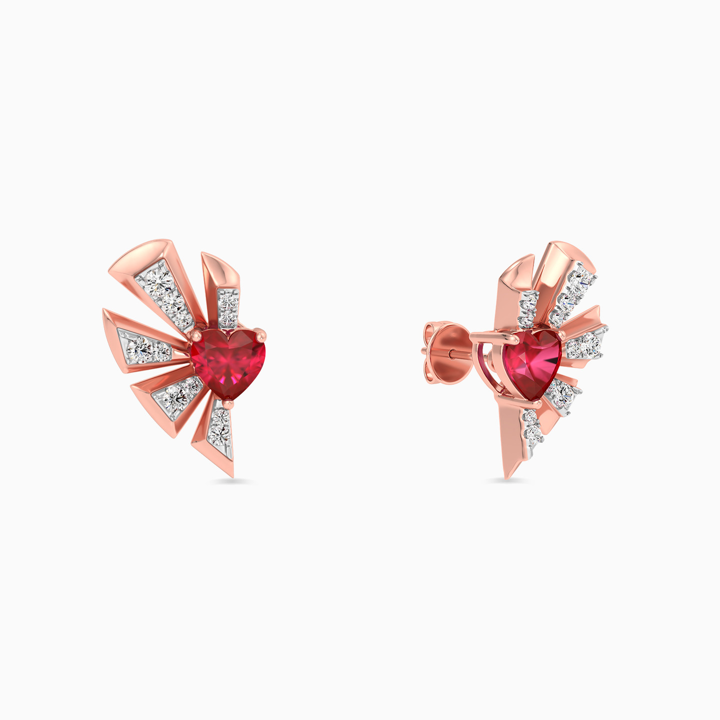 Heart Diamond & Red Stone Stud Earrings in 18K Gold - 2 Heart Diamond & Red Stone Stud Earrings in 18K Gold - 2