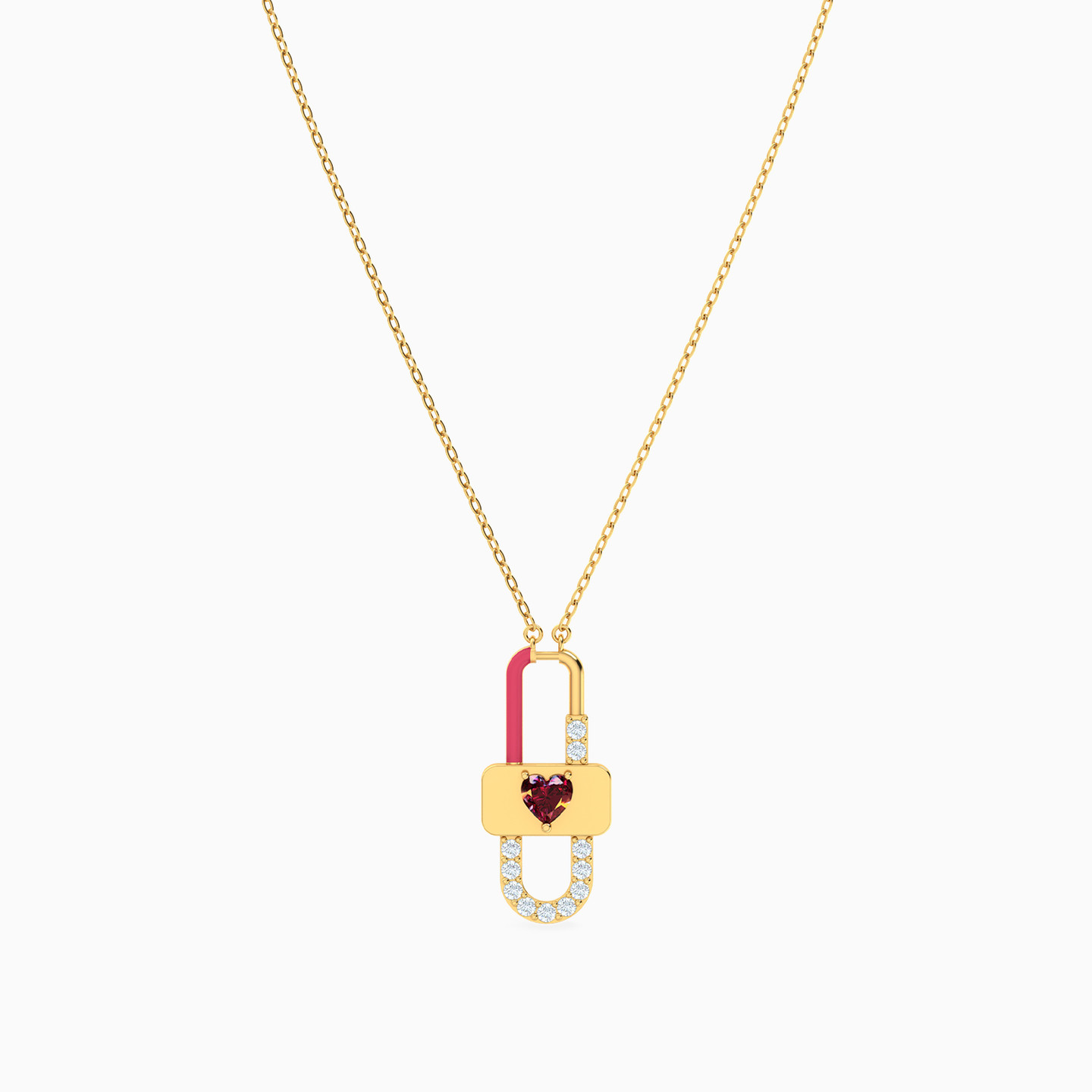 Lock Red Stone & Enamel Coated Necklace in 18K Gold - 3 Lock Red Stone & Enamel Coated Necklace in 18K Gold - 3