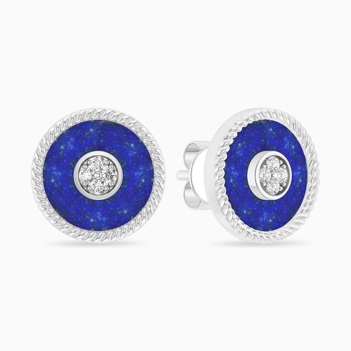Circle Diamond & Blue Stone Stud Earrings in 18K Gold - 2 Circle Diamond & Blue Stone Stud Earrings in 18K Gold - 2
