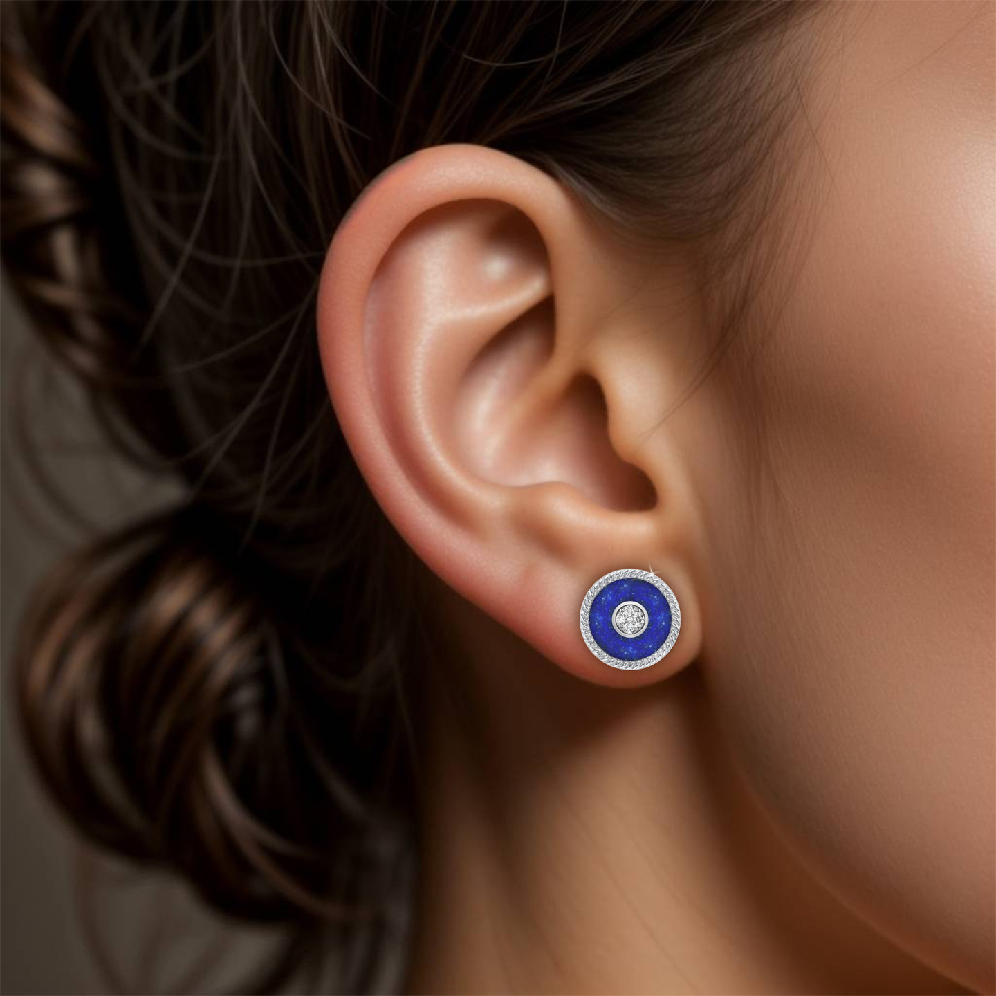 Circle Diamond & Blue Stone Stud Earrings in 18K Gold - 3 Circle Diamond & Blue Stone Stud Earrings in 18K Gold - 3
