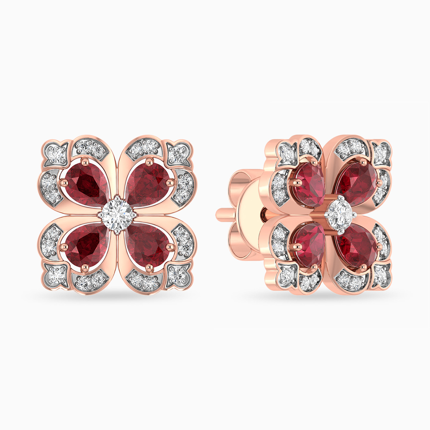 Clover Diamond & Red Stone Stud Earrings in 18K Gold - 2 Clover Diamond & Red Stone Stud Earrings in 18K Gold - 2