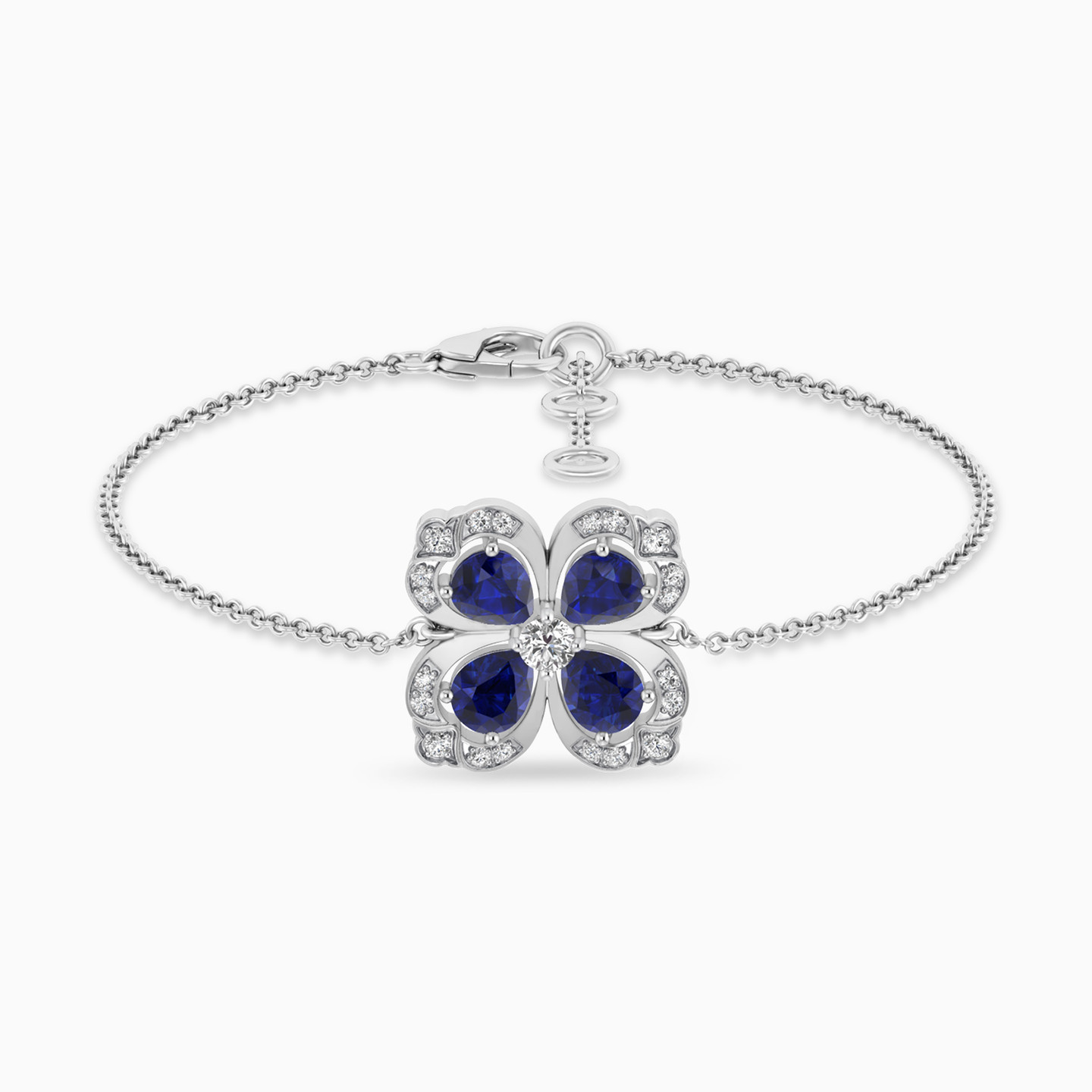 Clover Diamond & Blue Stone Chain Bracelet in 18K Gold - 2 Clover Diamond & Blue Stone Chain Bracelet in 18K Gold - 2