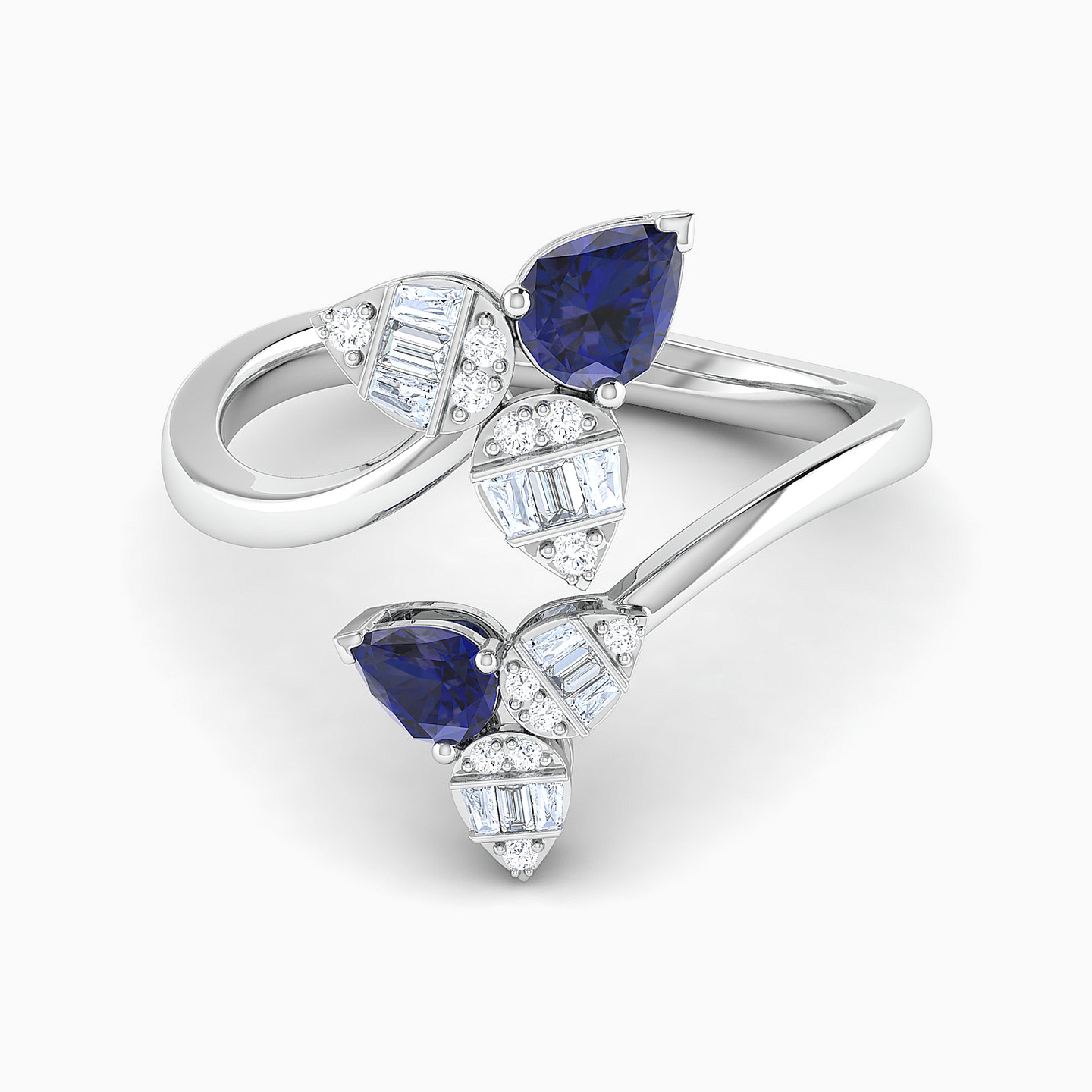 Leaves Diamond & Blue Stone Two-Headed Ring in 18K Gold - 2 Leaves Diamond & Blue Stone Two-Headed Ring in 18K Gold - 2