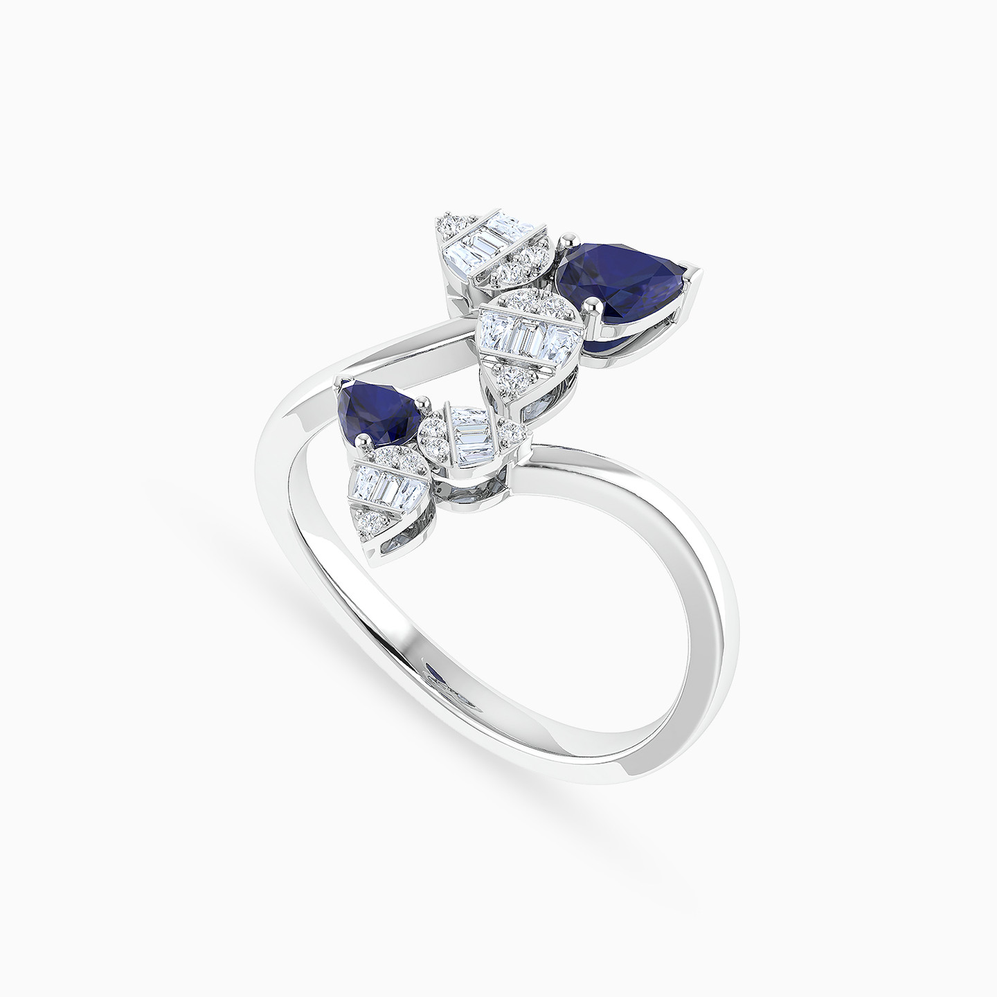 Leaves Diamond & Blue Stone Two-Headed Ring in 18K Gold - 4 Leaves Diamond & Blue Stone Two-Headed Ring in 18K Gold - 4