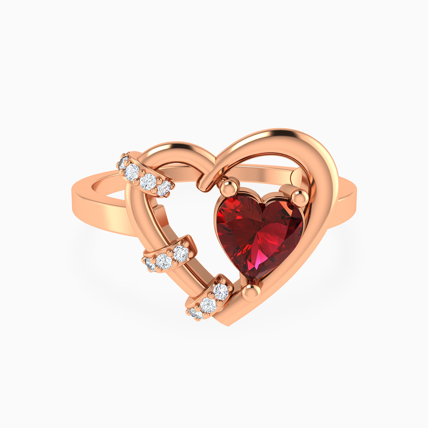 Heart Red Stone & Diamonds Ring in 18K Gold - 2 Heart Red Stone & Diamonds Ring in 18K Gold - 2