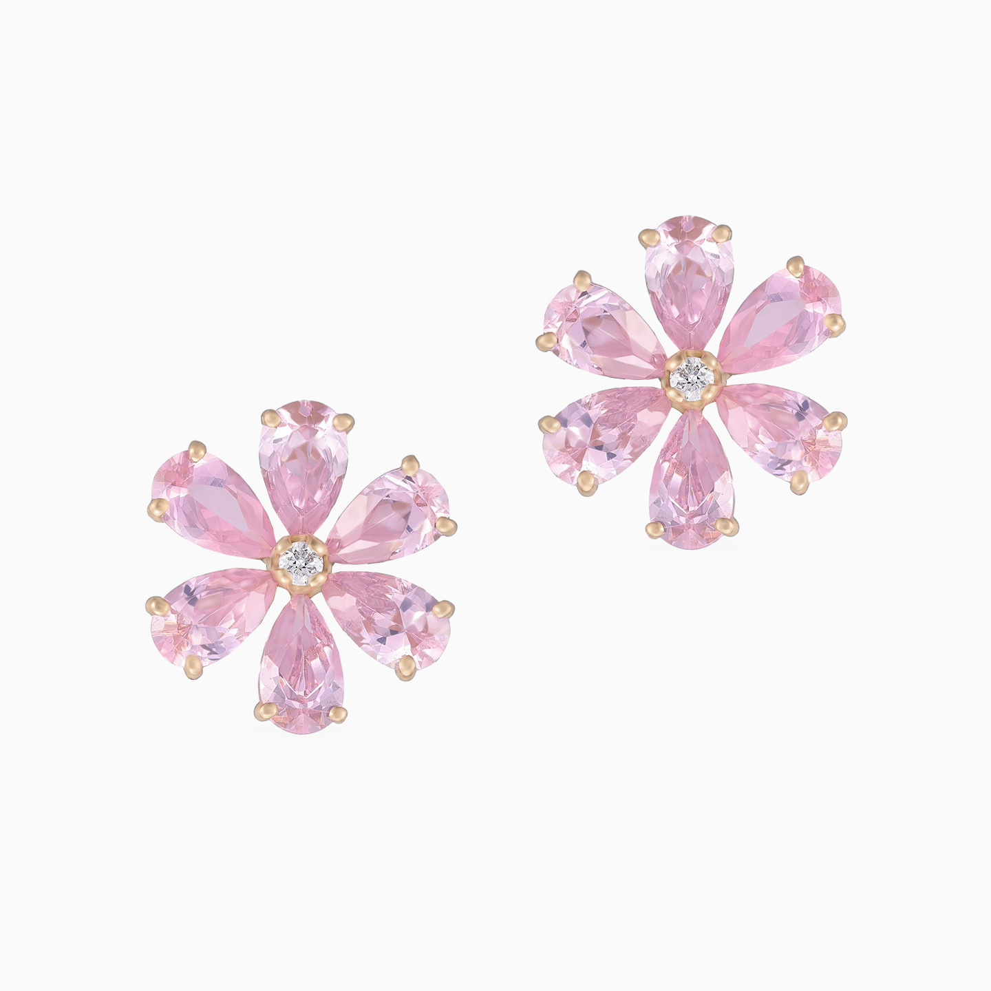 Flower Diamond & Pink Stones Stud Earrings in 18K Gold - 3