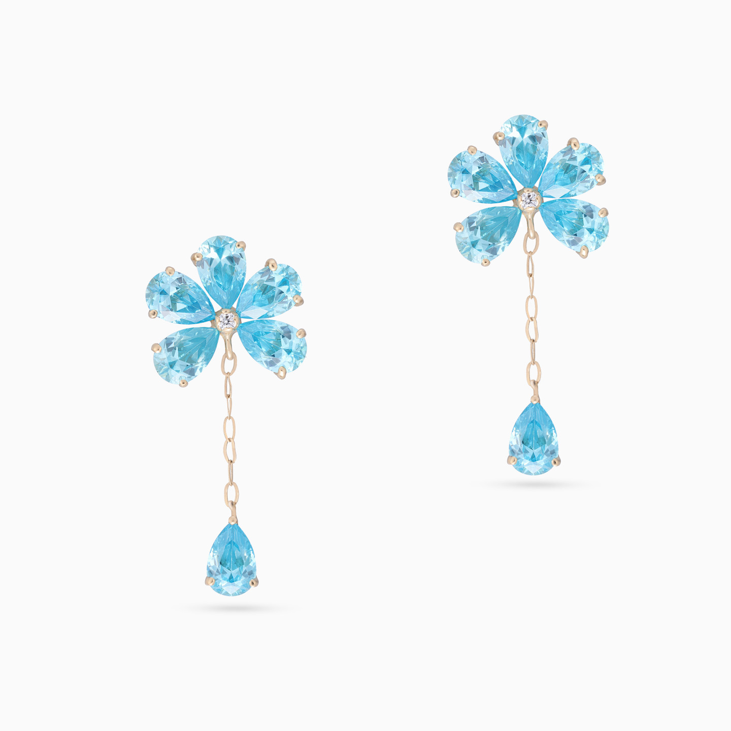 Flower Diamond & Aqua Blue Stones Drop Earrings in 18K Gold - 3 Flower Diamond & Aqua Blue Stones Drop Earrings in 18K Gold - 3