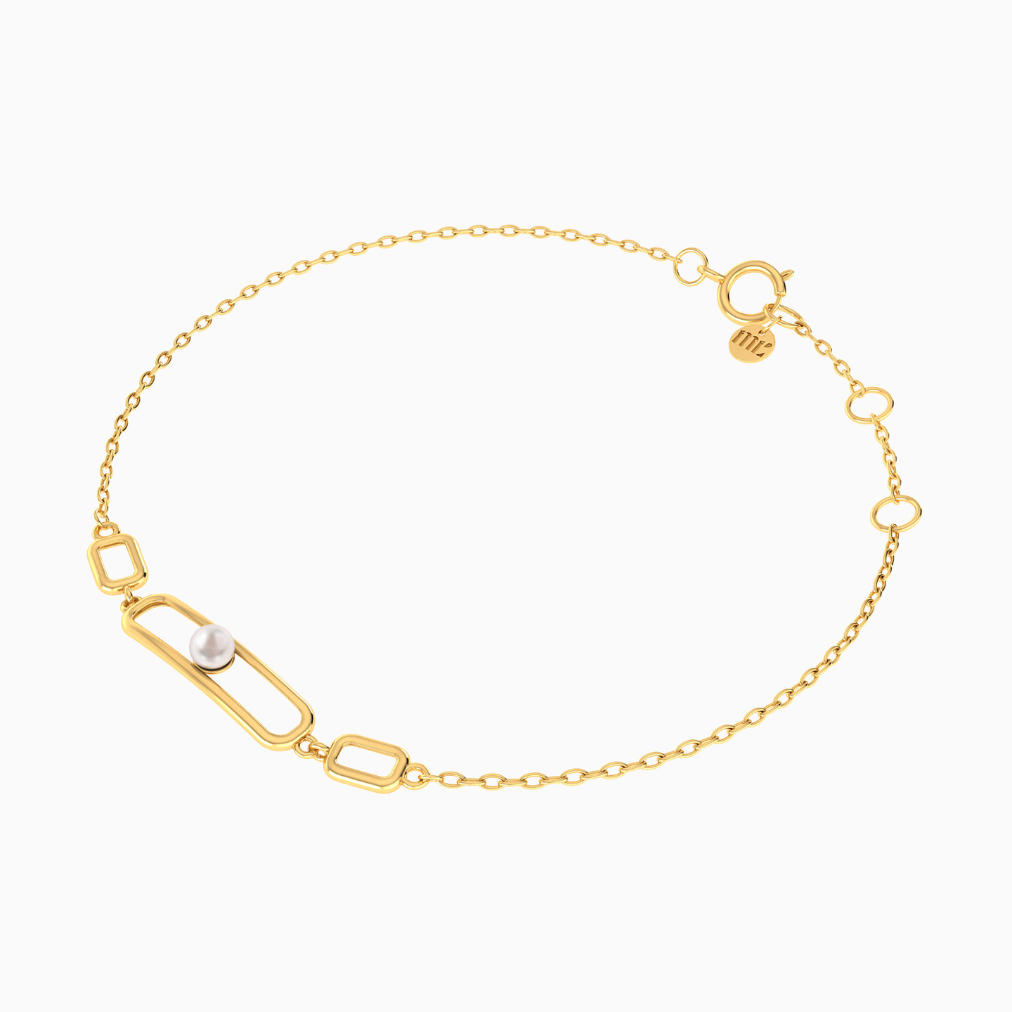 Rectangluar Link Pearl Chain Bracelet In 18K Gold - 3 Rectangluar Link Pearl Chain Bracelet In 18K Gold - 3