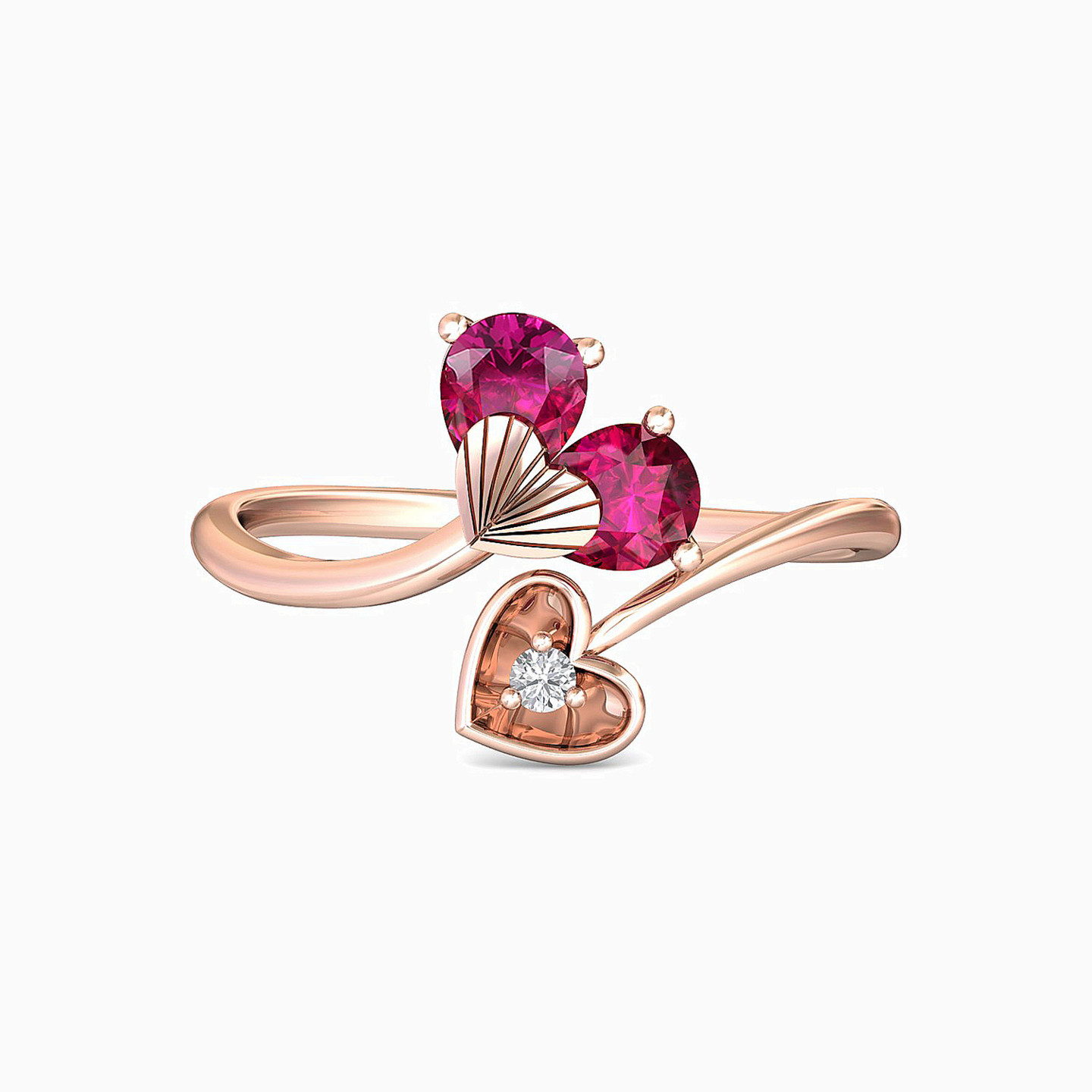 Hearts Diamond & Colored Stones Bypass Ring in 18K Gold - 2 Hearts Diamond & Colored Stones Bypass Ring in 18K Gold - 2