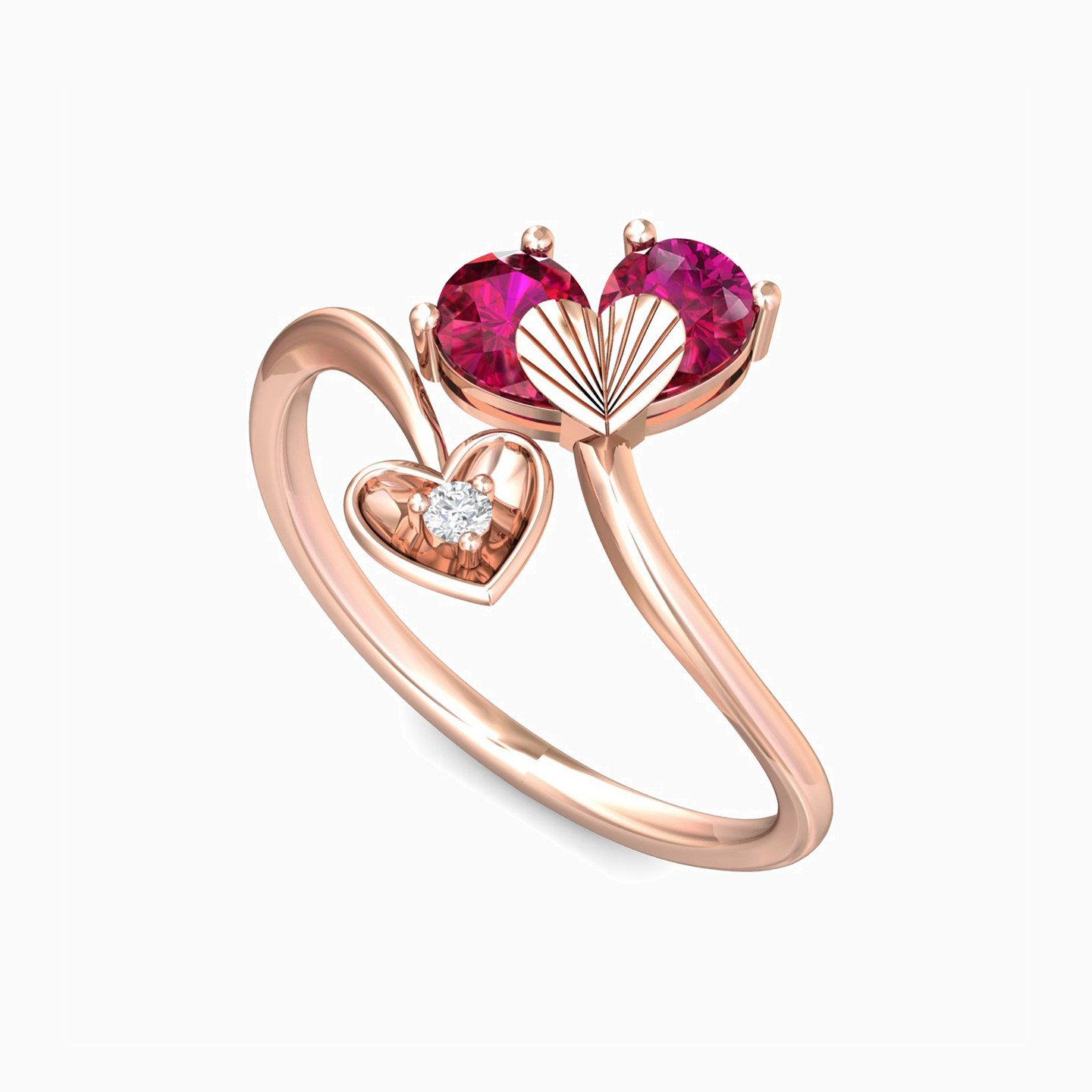 Hearts Diamond & Colored Stones Bypass Ring in 18K Gold - 3 Hearts Diamond & Colored Stones Bypass Ring in 18K Gold - 3