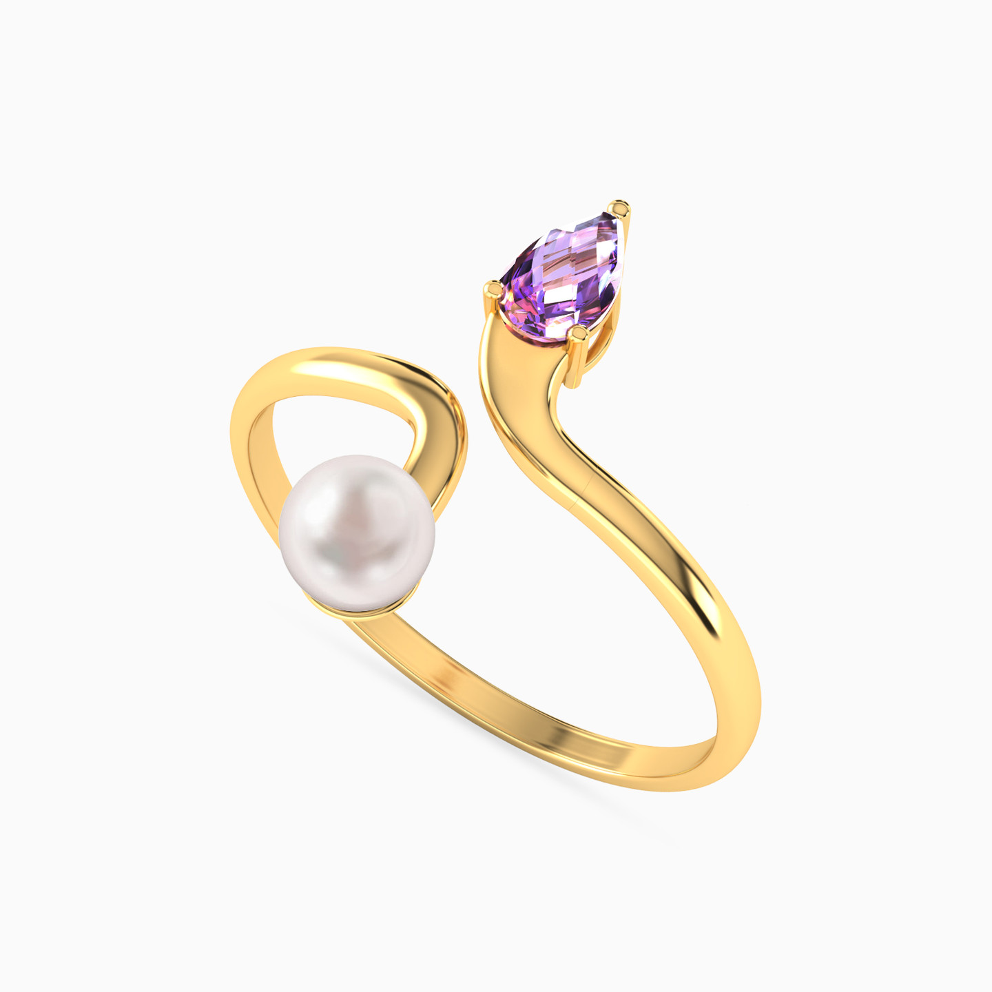 Open Design Purple Stone & Pearl Two Headed Ring In 18K Gold - 3 Open Design Purple Stone & Pearl Two Headed Ring In 18K Gold - 3