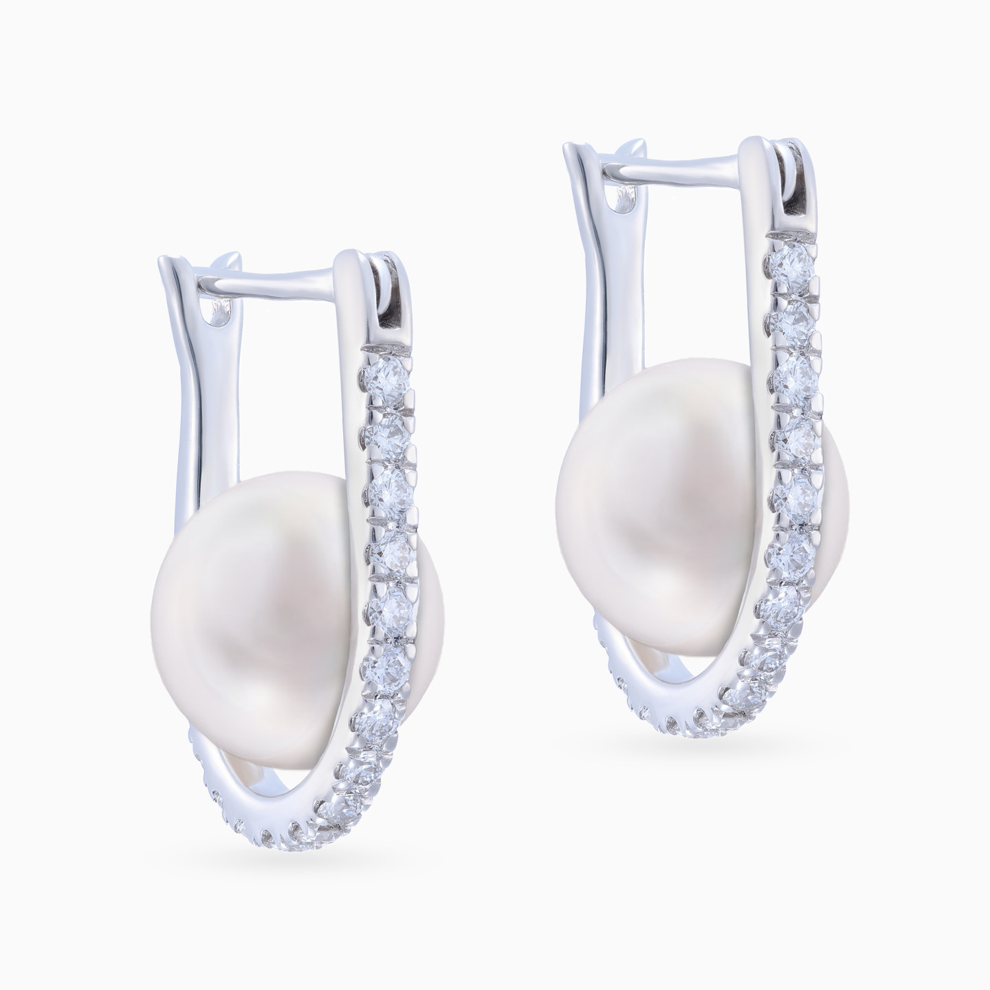 Round Diamond & Pearls Hoop Earrings in 18K Gold - 4