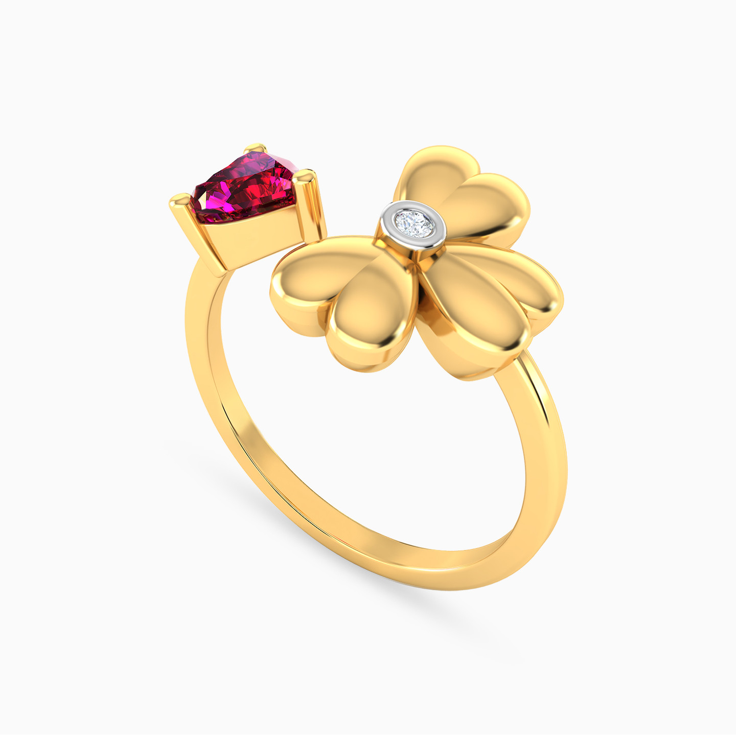 Flower Heart Diamonds & Rose Stone Two headed Ring in 18K Gold - 2 Flower Heart Diamonds & Rose Stone Two headed Ring in 18K Gold - 2
