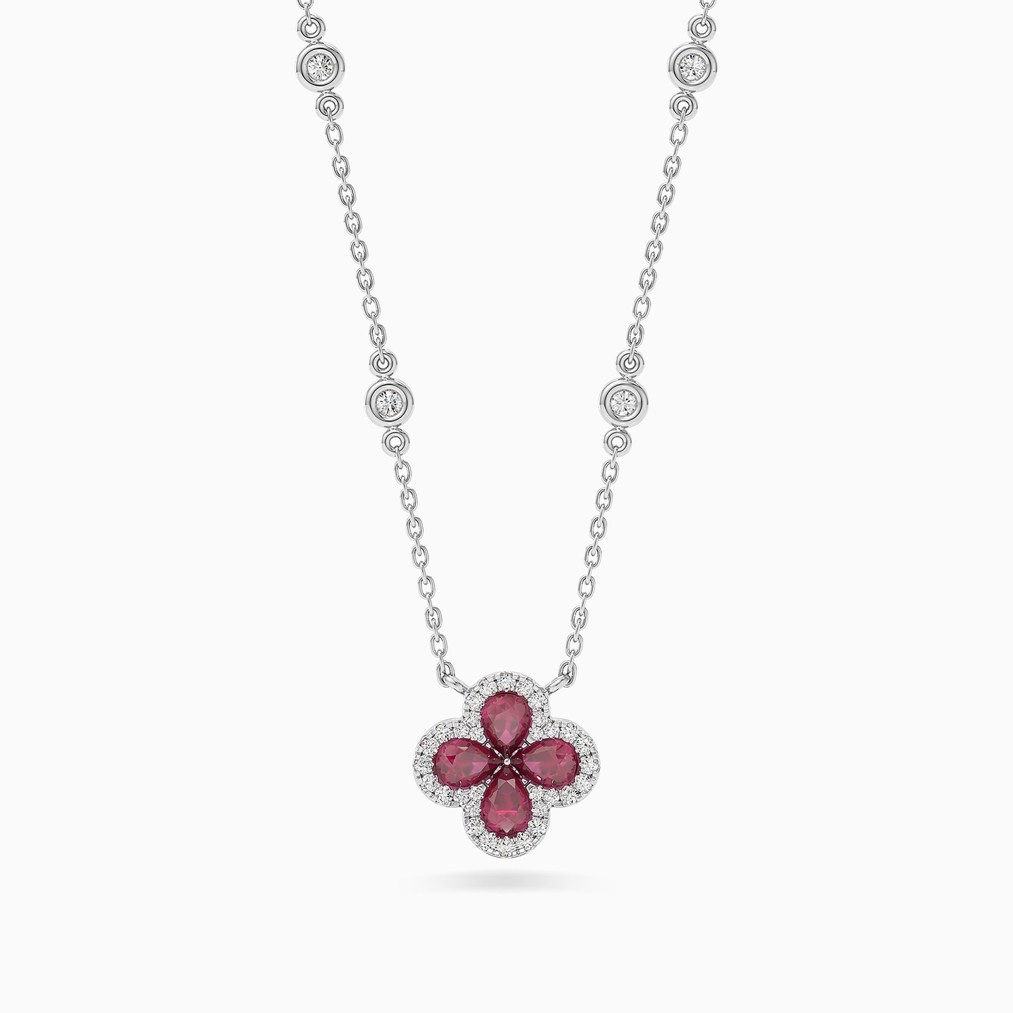 Flower Red Stone & Diamond Necklace in 18K Gold - 3 Flower Red Stone & Diamond Necklace in 18K Gold - 3