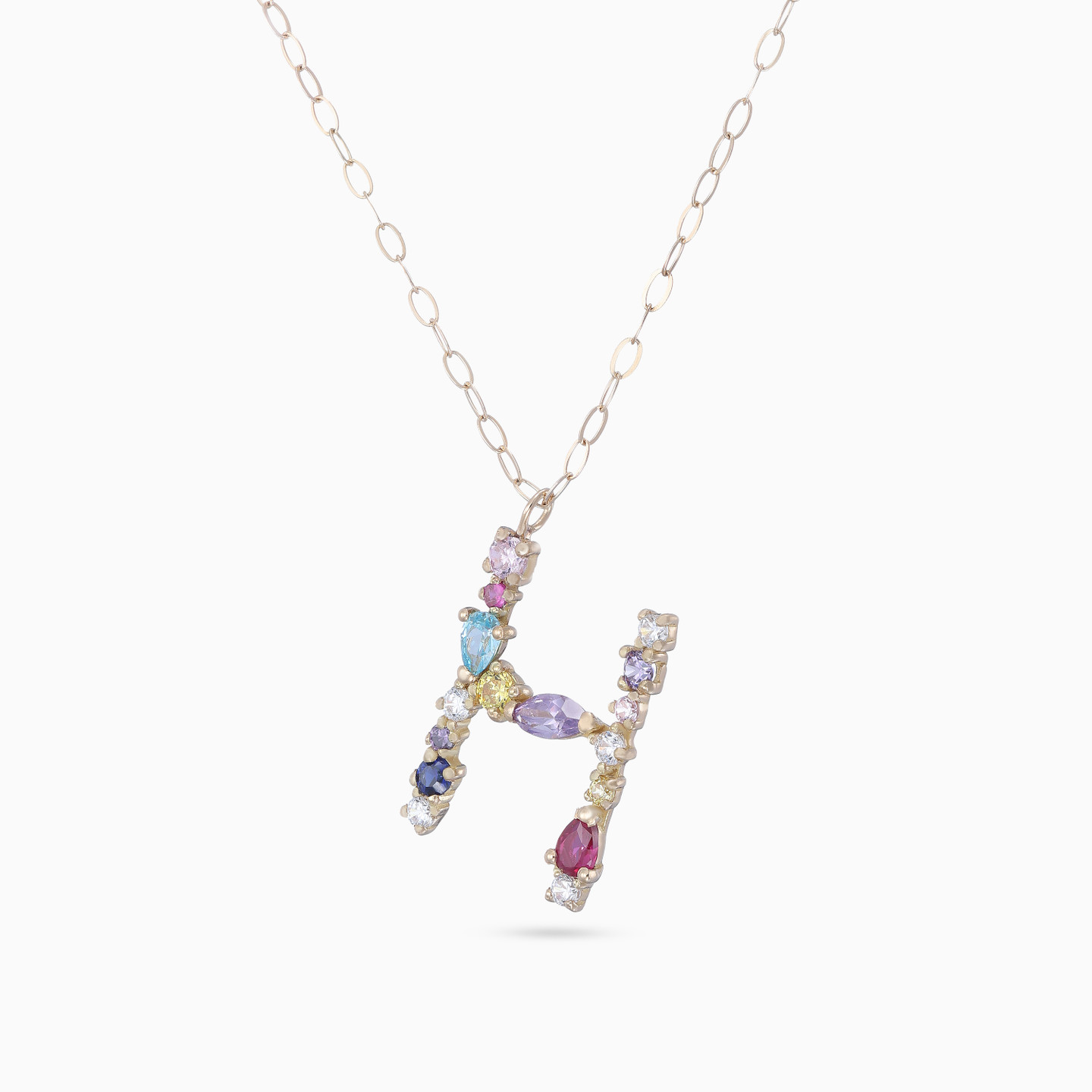 Letter H Colored Stones Necklace in 18K Gold - 2 Letter H Colored Stones Necklace in 18K Gold - 2
