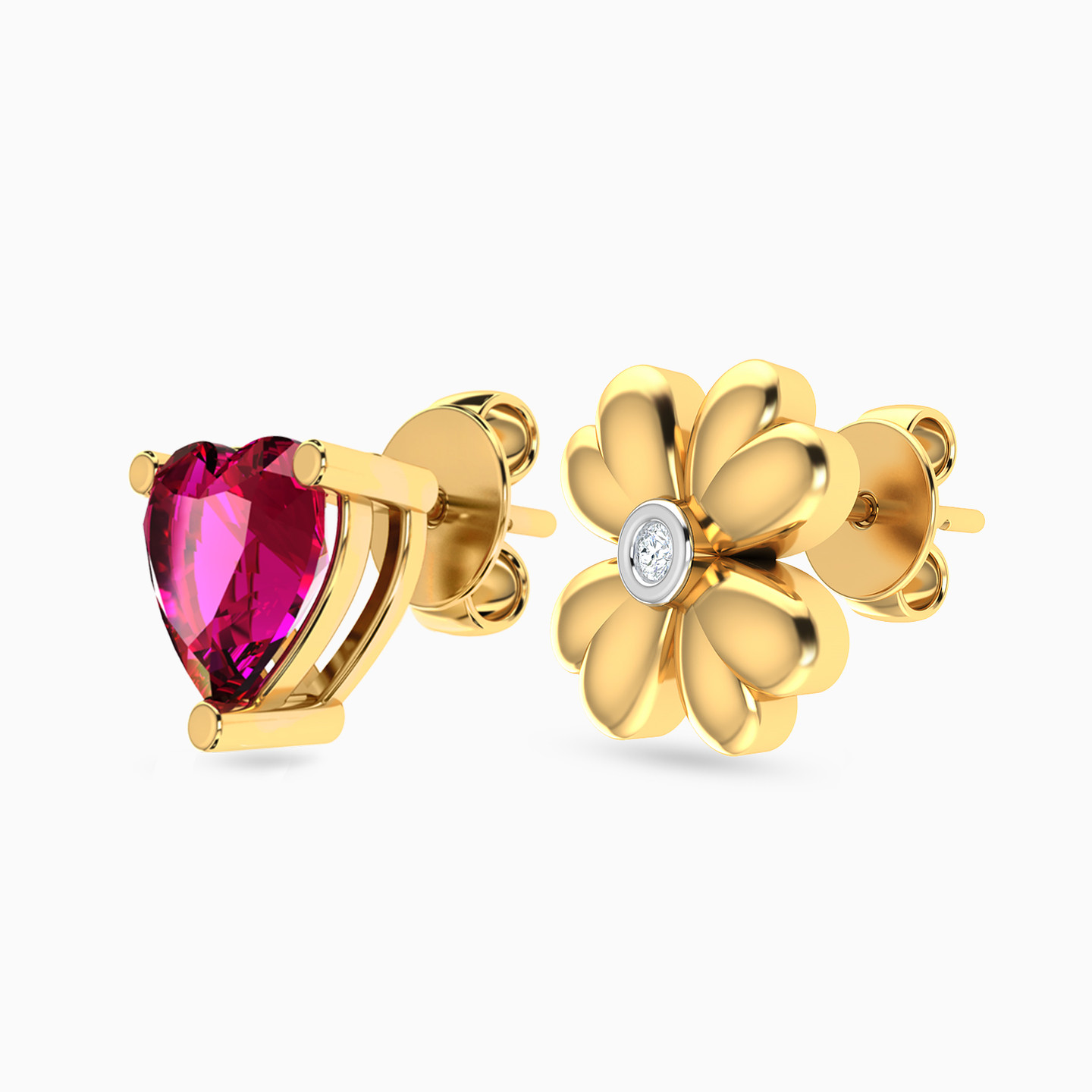 Flower Heart Diamonds & Rose Stone Stud Earrings in 18K Gold - 3 Flower Heart Diamonds & Rose Stone Stud Earrings in 18K Gold - 3