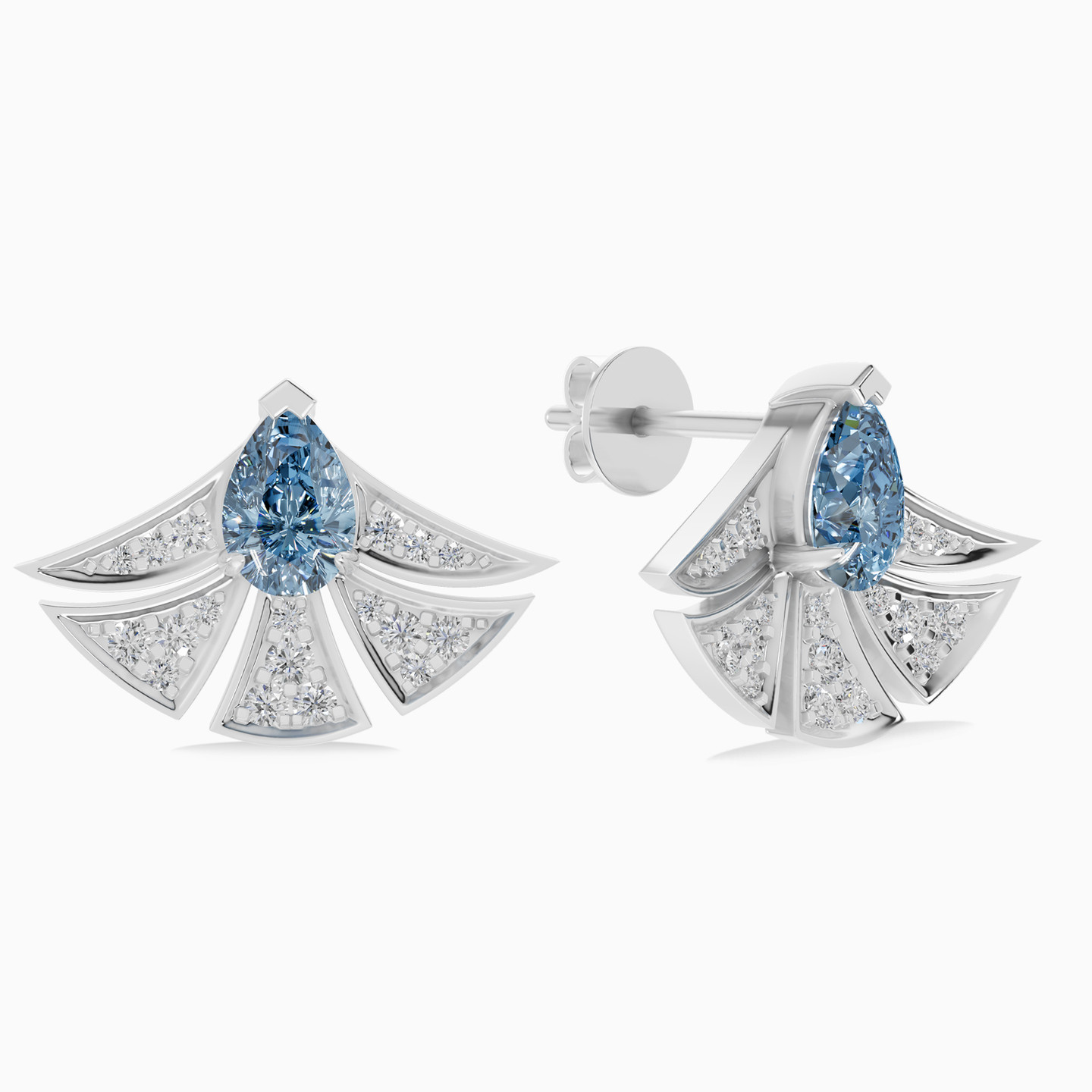 Solo Fan Shaped Blue Stone & Diamond Earrings In 18K Gold - 2 Solo Fan Shaped Blue Stone & Diamond Earrings In 18K Gold - 2