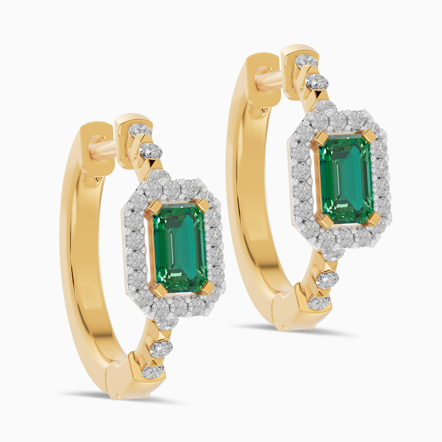 Rectangle Green Stones & Diamond Hoop Earrings In 18K Gold - 4 Rectangle Green Stones & Diamond Hoop Earrings In 18K Gold - 4