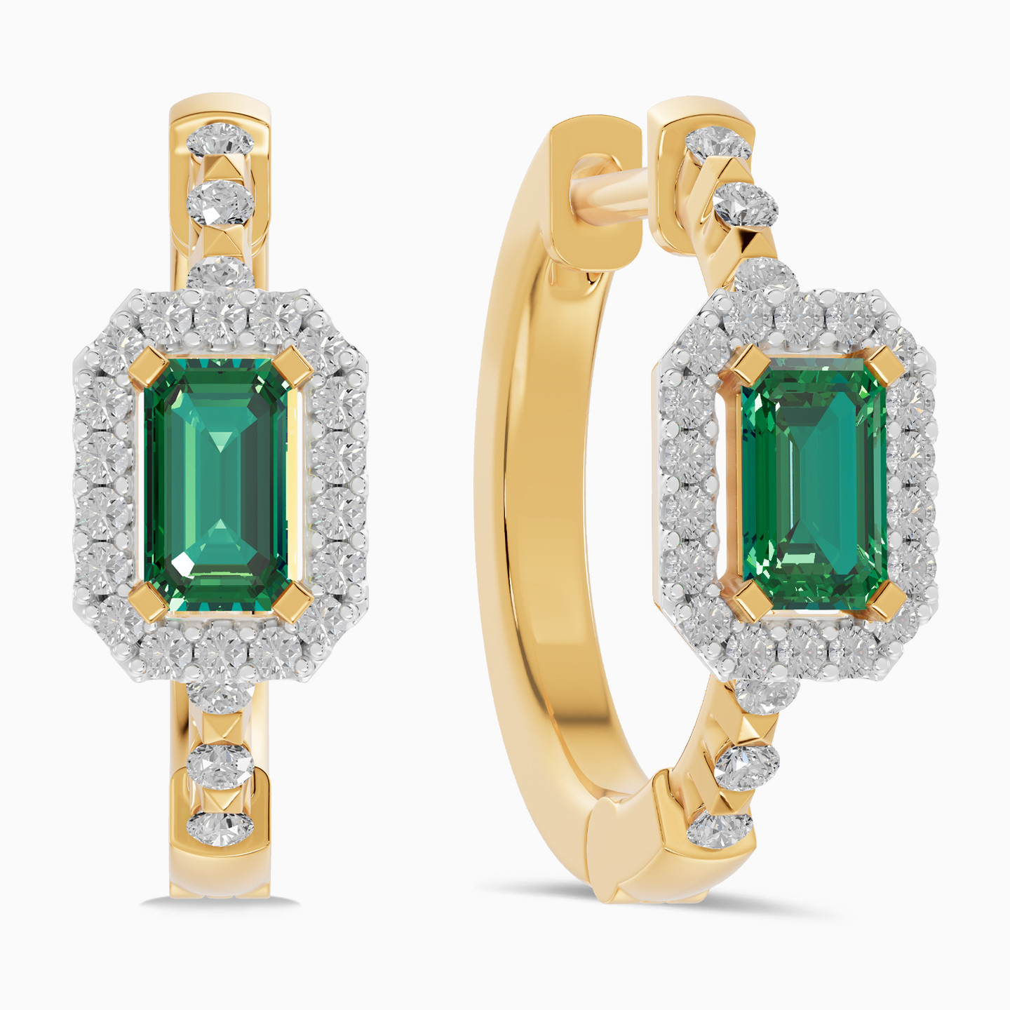 Rectangle Green Stones & Diamond Hoop Earrings In 18K Gold - 2 Rectangle Green Stones & Diamond Hoop Earrings In 18K Gold - 2